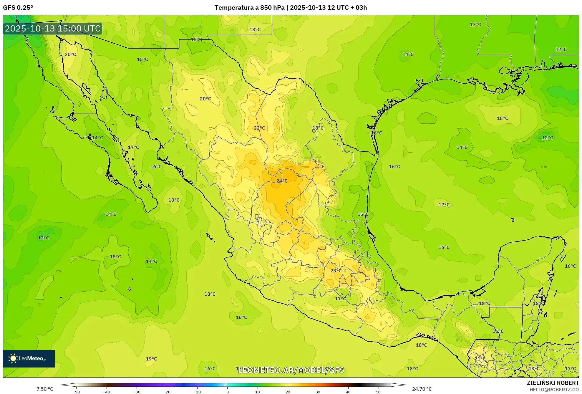 GFS model - México, Temperatura a 850 hPa GFS model - México, Temperatura a 850 hPa