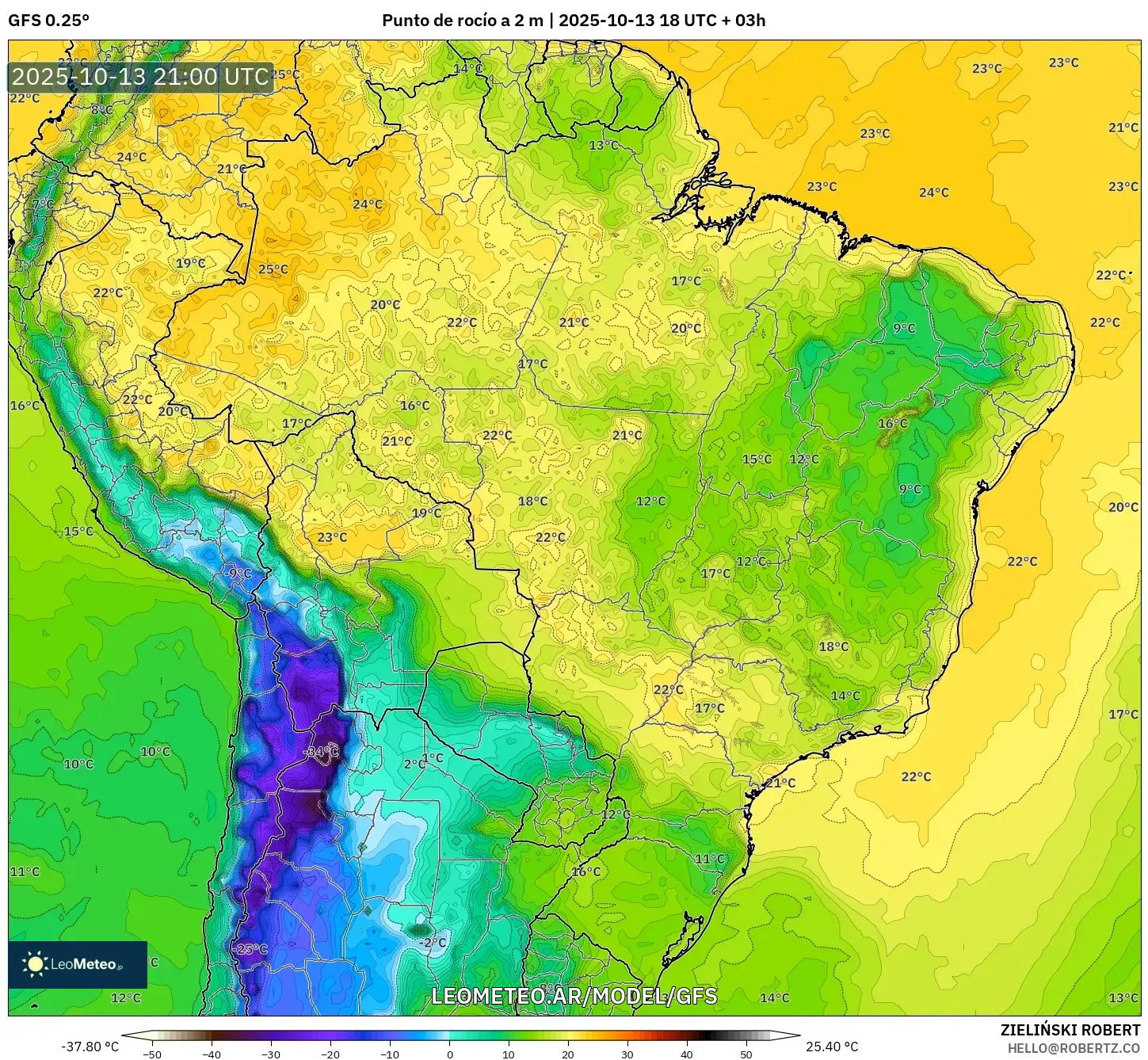 GFS model - Brasil, Punto de rocío a 2 m GFS model - Brasil, Punto de rocío a 2 m