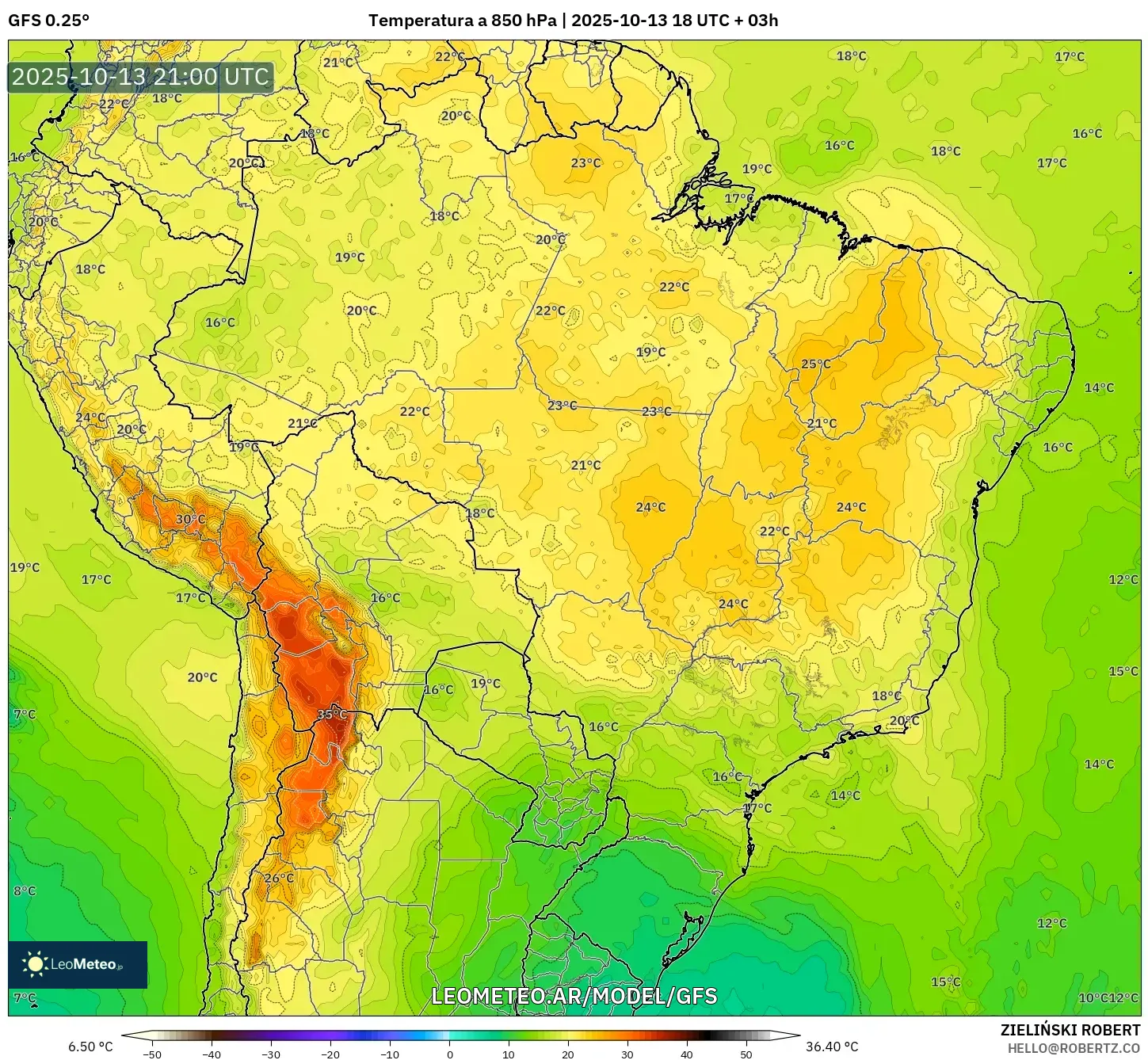 GFS model - Brasil, Temperatura a 850 hPa GFS model - Brasil, Temperatura a 850 hPa