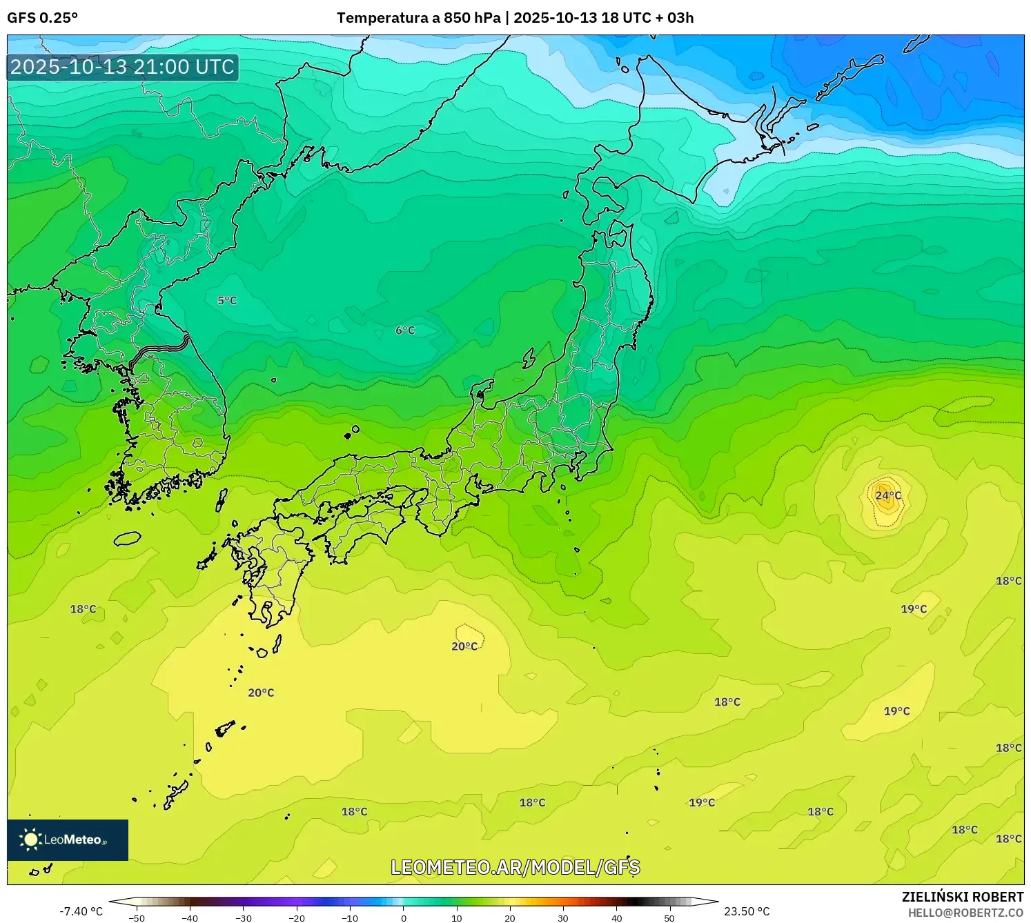 GFS model - Japón, Temperatura a 850 hPa GFS model - Japón, Temperatura a 850 hPa