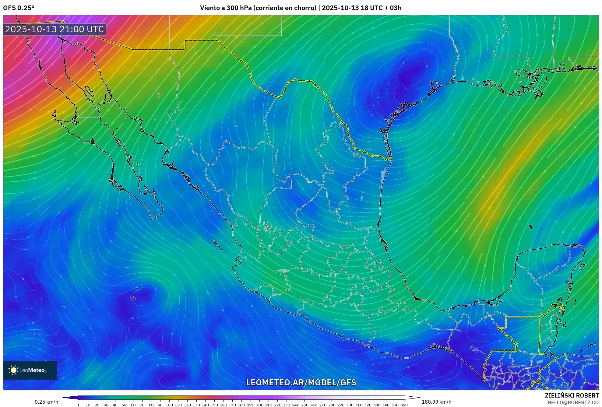 GFS model - México, Viento a 300 hPa (corriente en chorro) GFS model - México, Viento a 300 hPa (corriente en chorro)