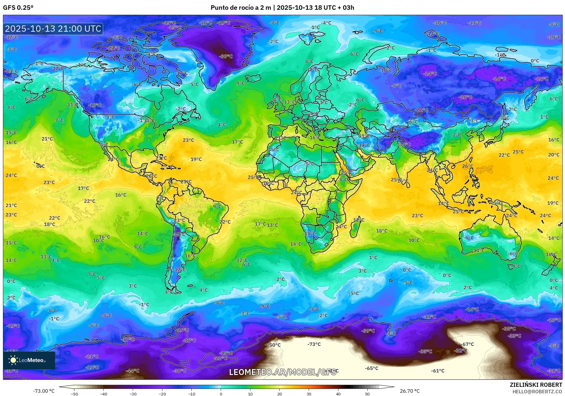 GFS model - Mundo, Punto de rocío a 2 m GFS model - Mundo, Punto de rocío a 2 m