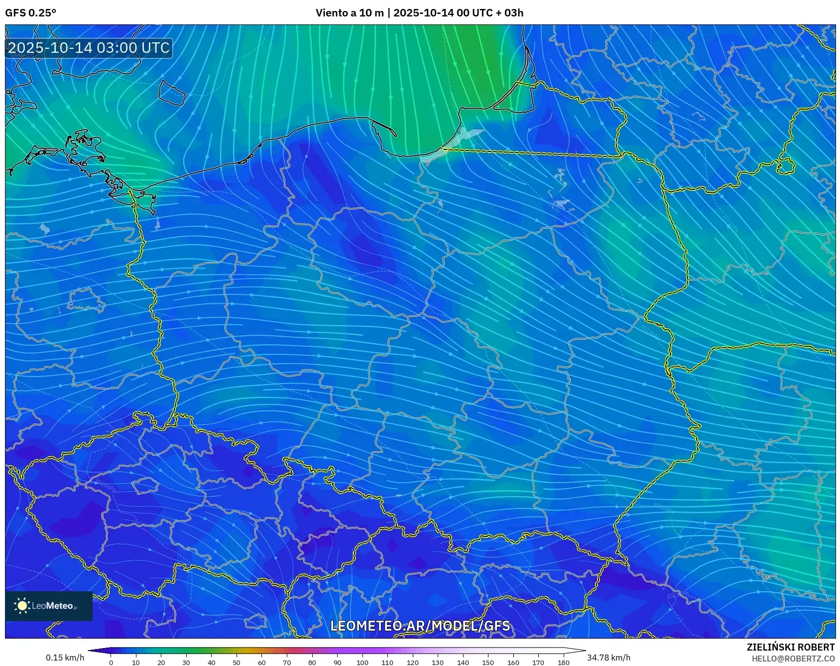 GFS model - Polonia, Viento a 10 m GFS model - Polonia, Viento a 10 m