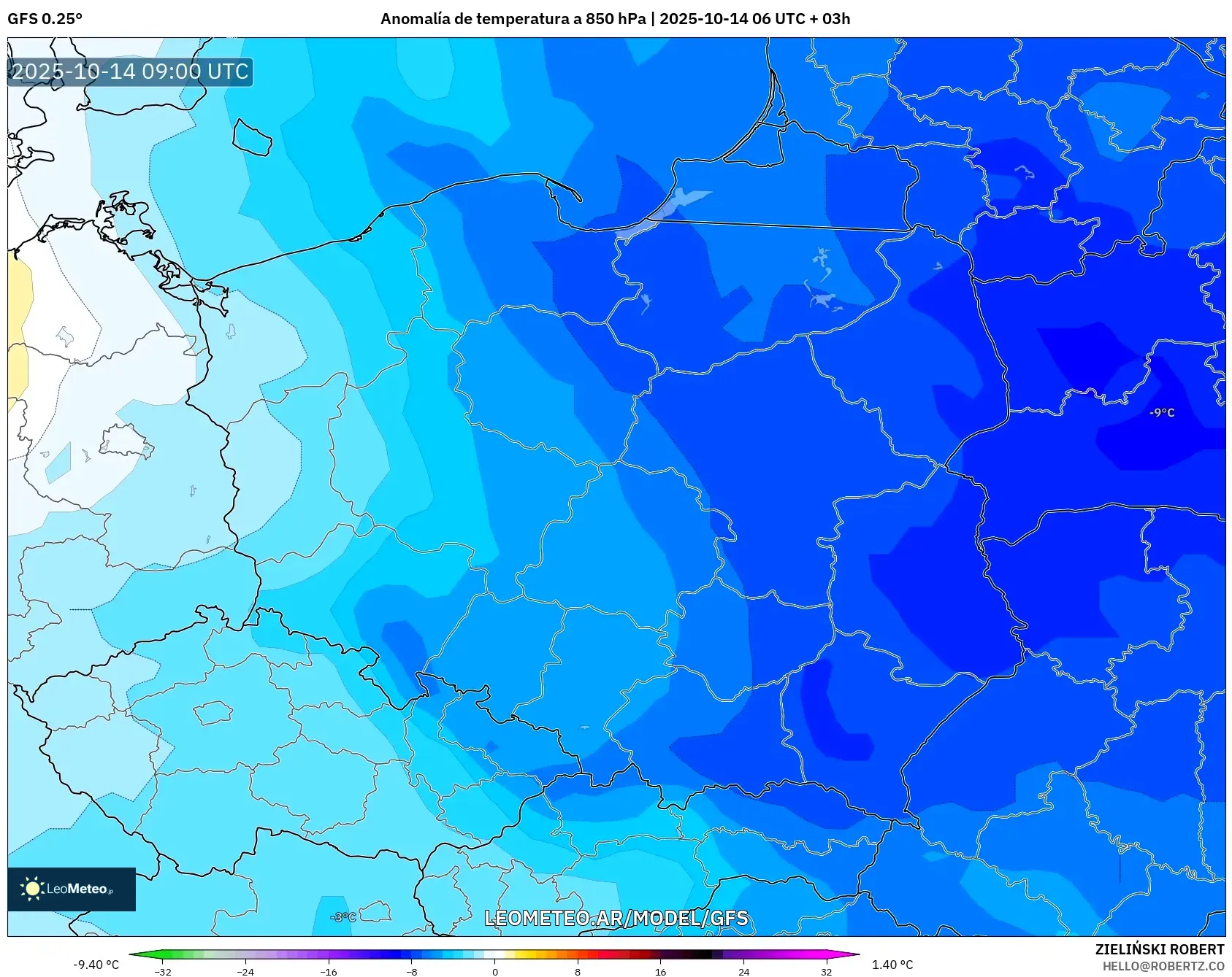 GFS model - Polonia, Anomalía de temperatura a 850 hPa GFS model - Polonia, Anomalía de temperatura a 850 hPa