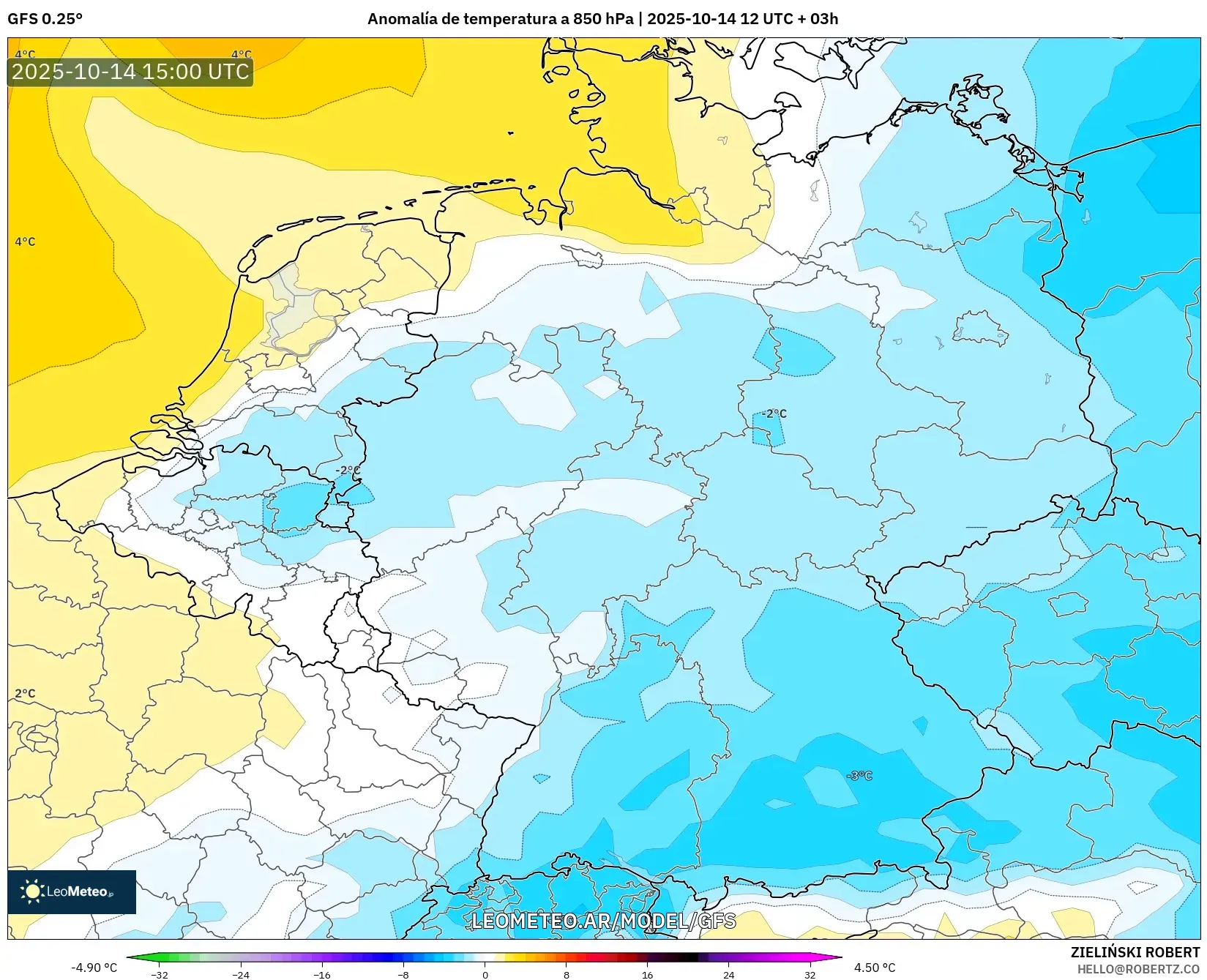 GFS model - Alemania, Anomalía de temperatura a 850 hPa GFS model - Alemania, Anomalía de temperatura a 850 hPa