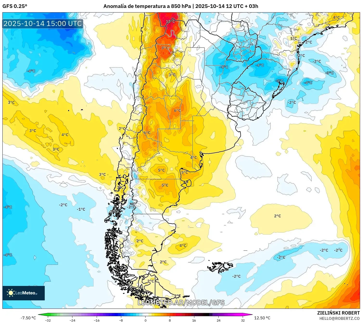 GFS model - Argentina, Anomalía de temperatura a 850 hPa GFS model - Argentina, Anomalía de temperatura a 850 hPa