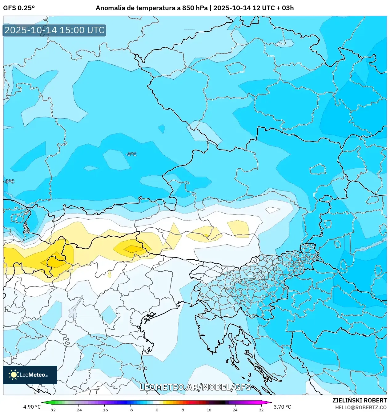 GFS model - Austria, Anomalía de temperatura a 850 hPa GFS model - Austria, Anomalía de temperatura a 850 hPa