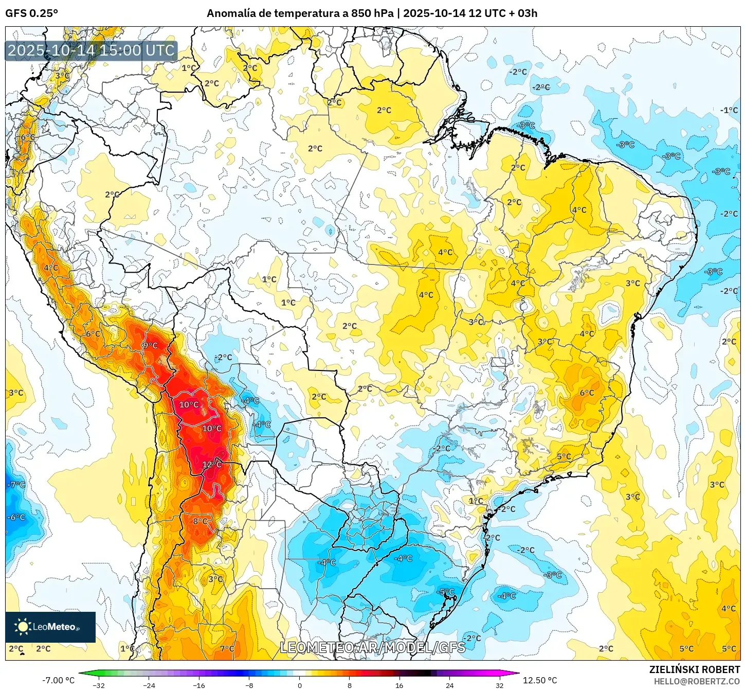 GFS model - Brasil, Anomalía de temperatura a 850 hPa GFS model - Brasil, Anomalía de temperatura a 850 hPa