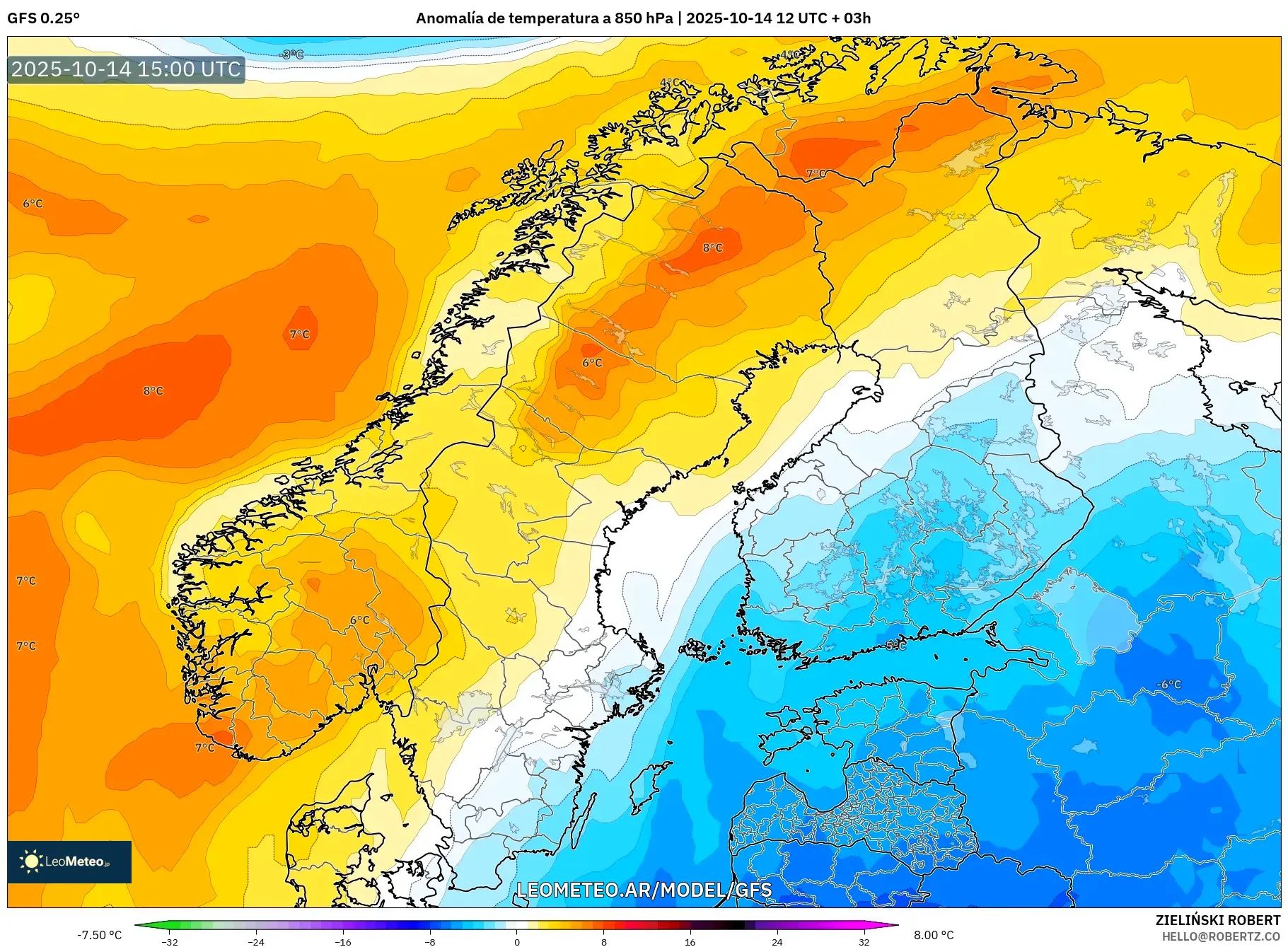 GFS model - Escandinavia, Anomalía de temperatura a 850 hPa GFS model - Escandinavia, Anomalía de temperatura a 850 hPa