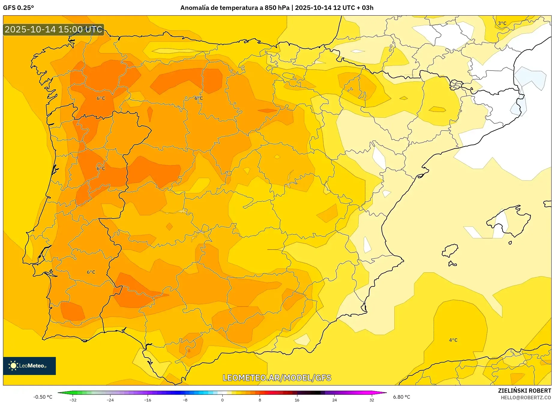 GFS model - España, Anomalía de temperatura a 850 hPa GFS model - España, Anomalía de temperatura a 850 hPa