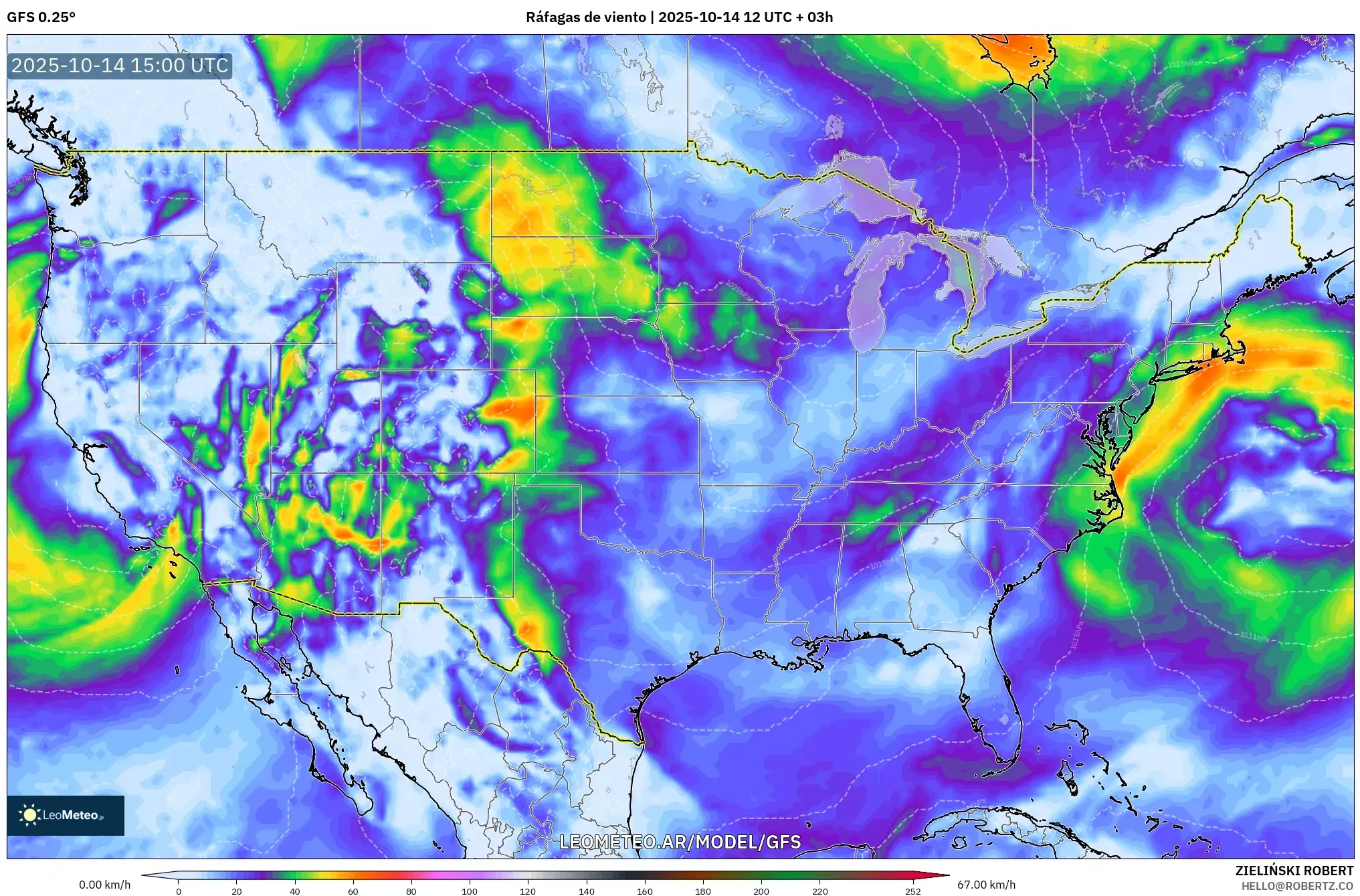 GFS model - Estados Unidos, Ráfagas de viento GFS model - Estados Unidos, Ráfagas de viento