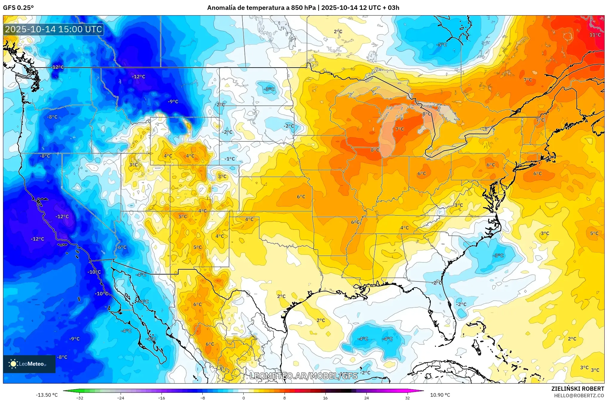 GFS model - Estados Unidos, Anomalía de temperatura a 850 hPa GFS model - Estados Unidos, Anomalía de temperatura a 850 hPa