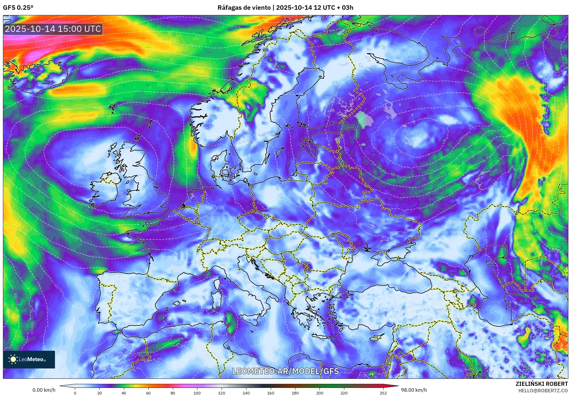 GFS model - Europa, Ráfagas de viento GFS model - Europa, Ráfagas de viento