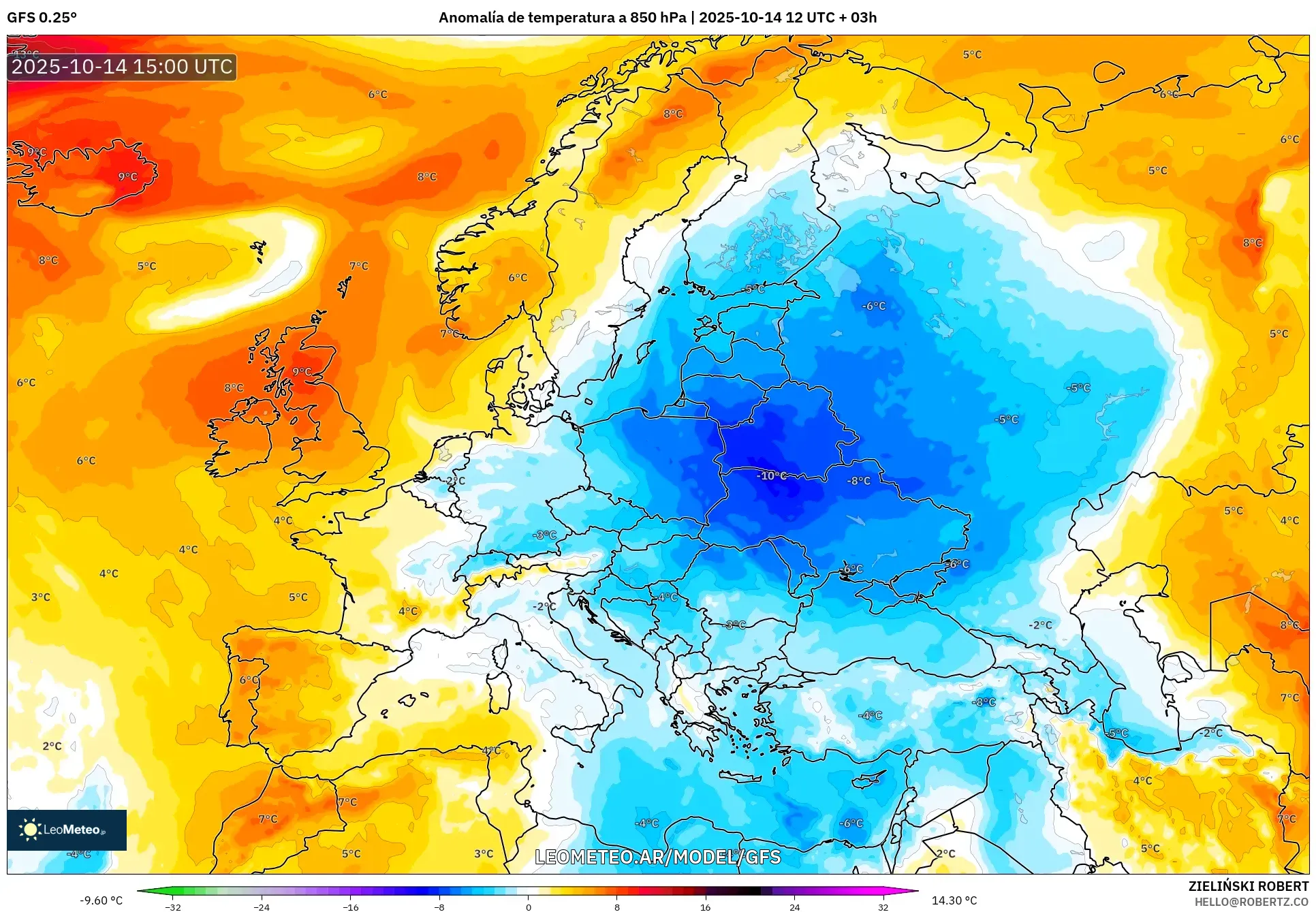 GFS model - Europa, Anomalía de temperatura a 850 hPa GFS model - Europa, Anomalía de temperatura a 850 hPa