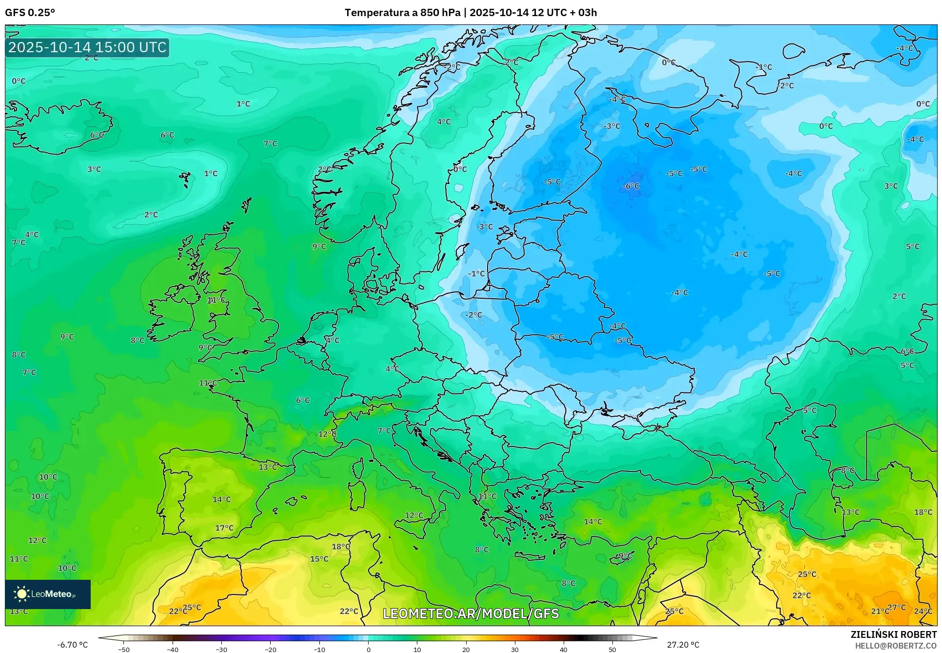 GFS model - Europa, Temperatura a 850 hPa