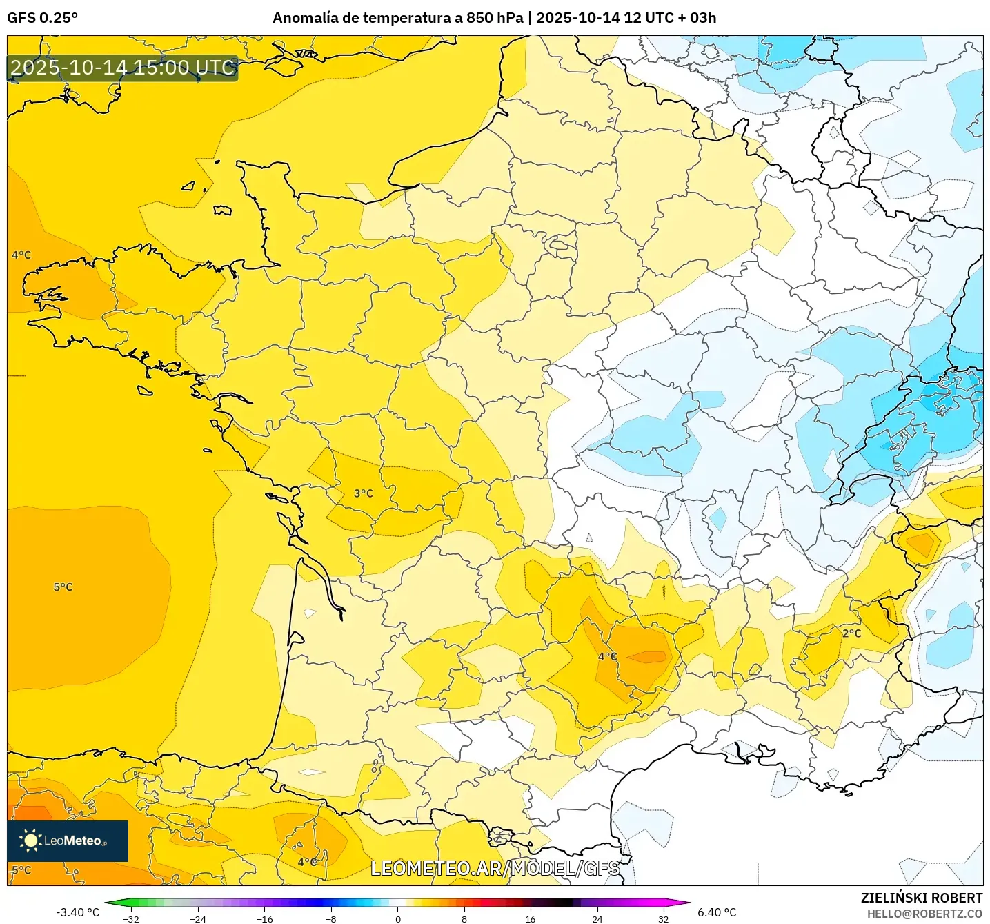 GFS model - Francia, Anomalía de temperatura a 850 hPa GFS model - Francia, Anomalía de temperatura a 850 hPa