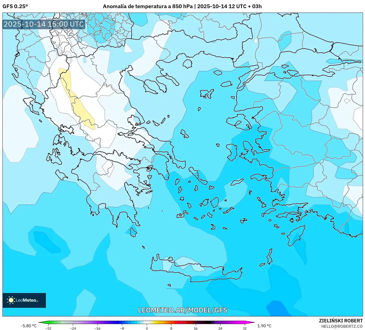 GFS model - Grecia, Anomalía de temperatura a 850 hPa