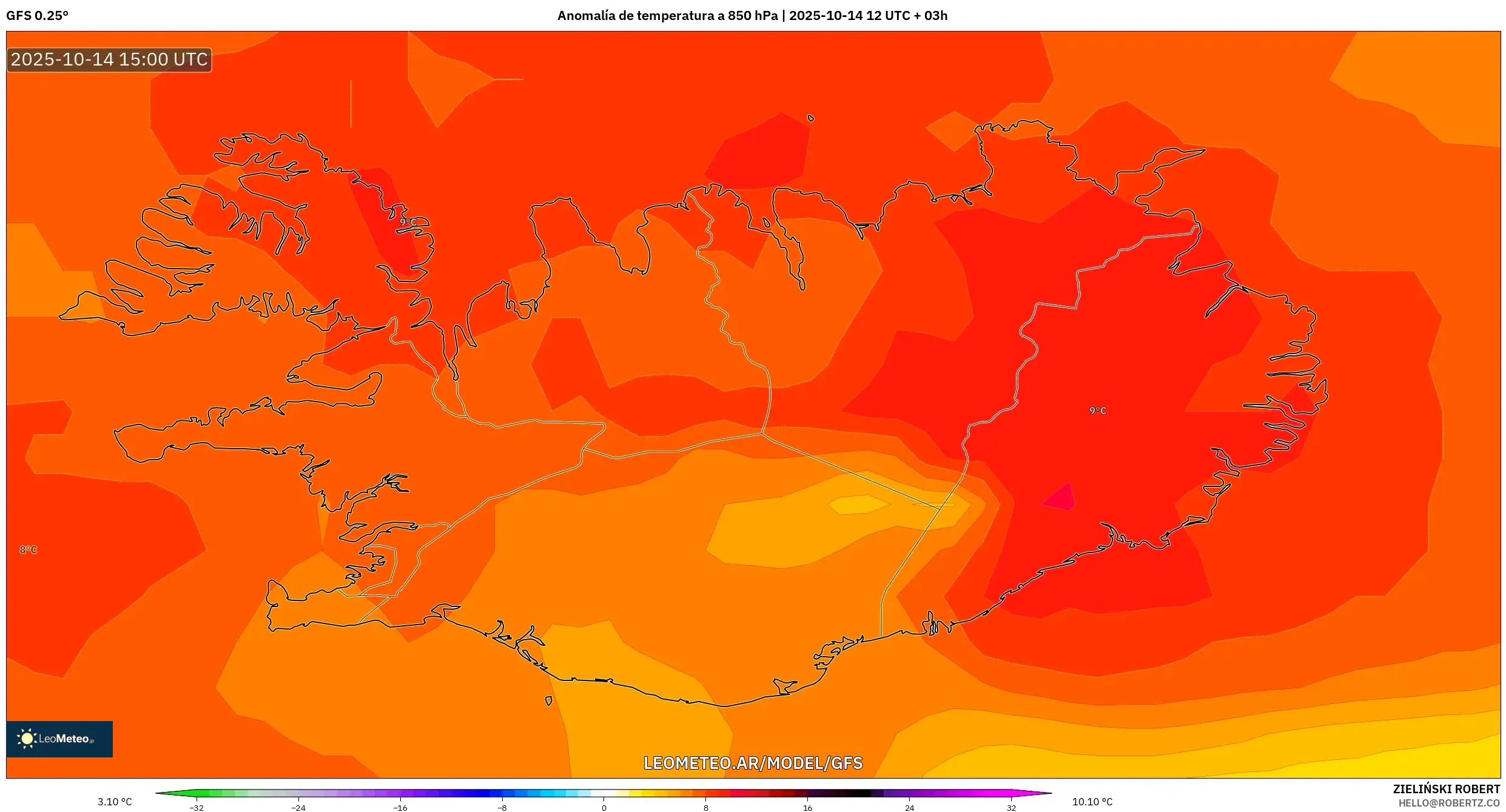 GFS model - Islandia, Anomalía de temperatura a 850 hPa