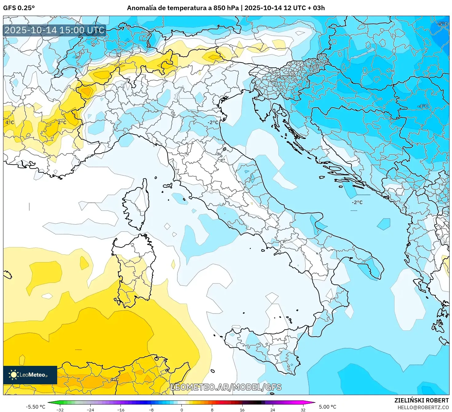 GFS model - Italia, Anomalía de temperatura a 850 hPa GFS model - Italia, Anomalía de temperatura a 850 hPa