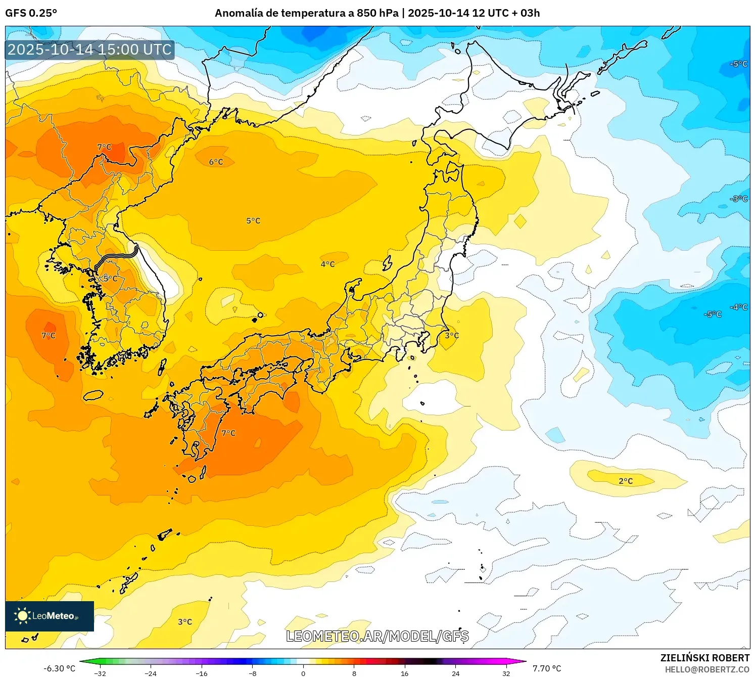 GFS model - Japón, Anomalía de temperatura a 850 hPa GFS model - Japón, Anomalía de temperatura a 850 hPa