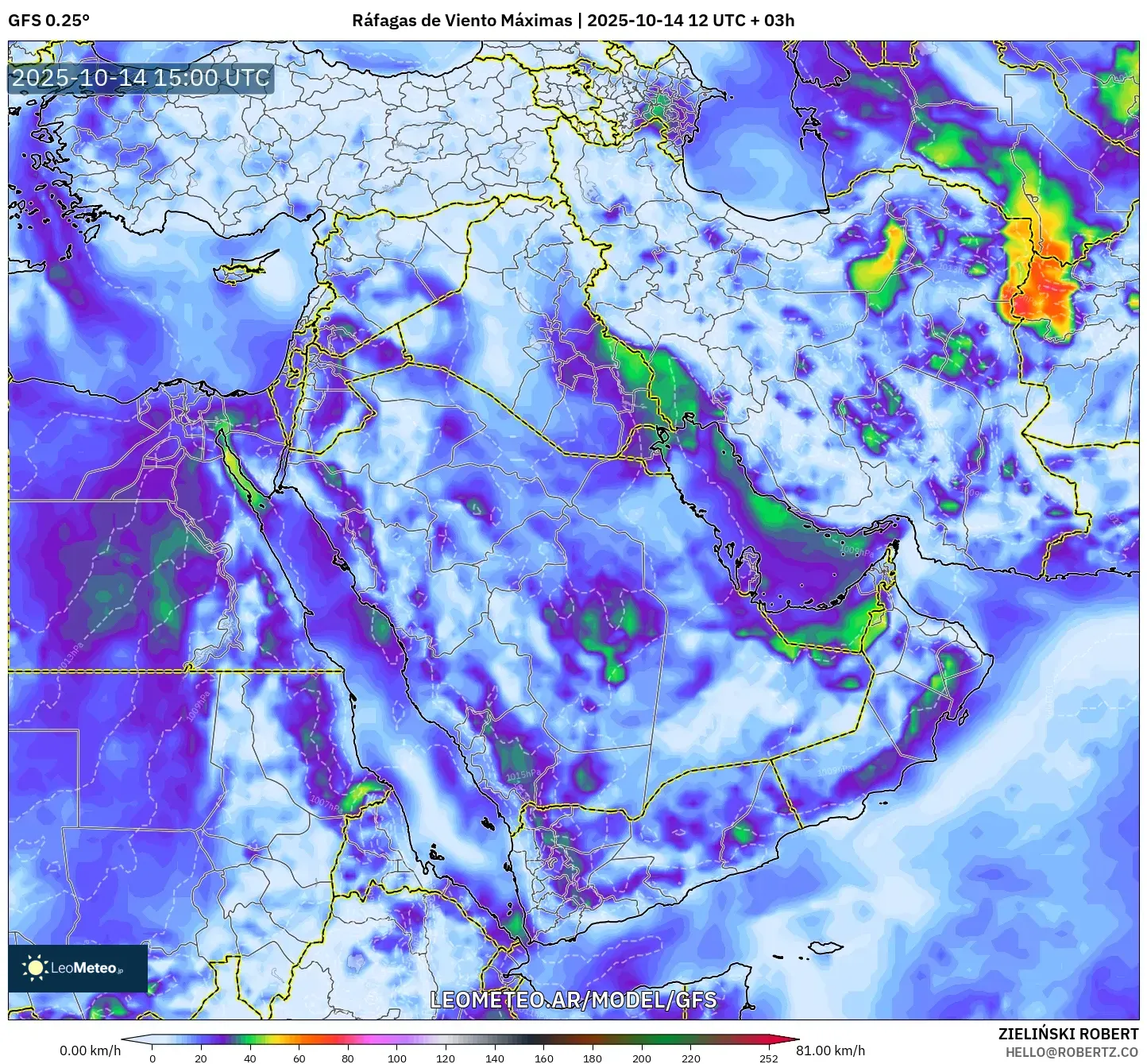 GFS model - Oriente Medio, Ráfagas de Viento Máximas GFS model - Oriente Medio, Ráfagas de Viento Máximas