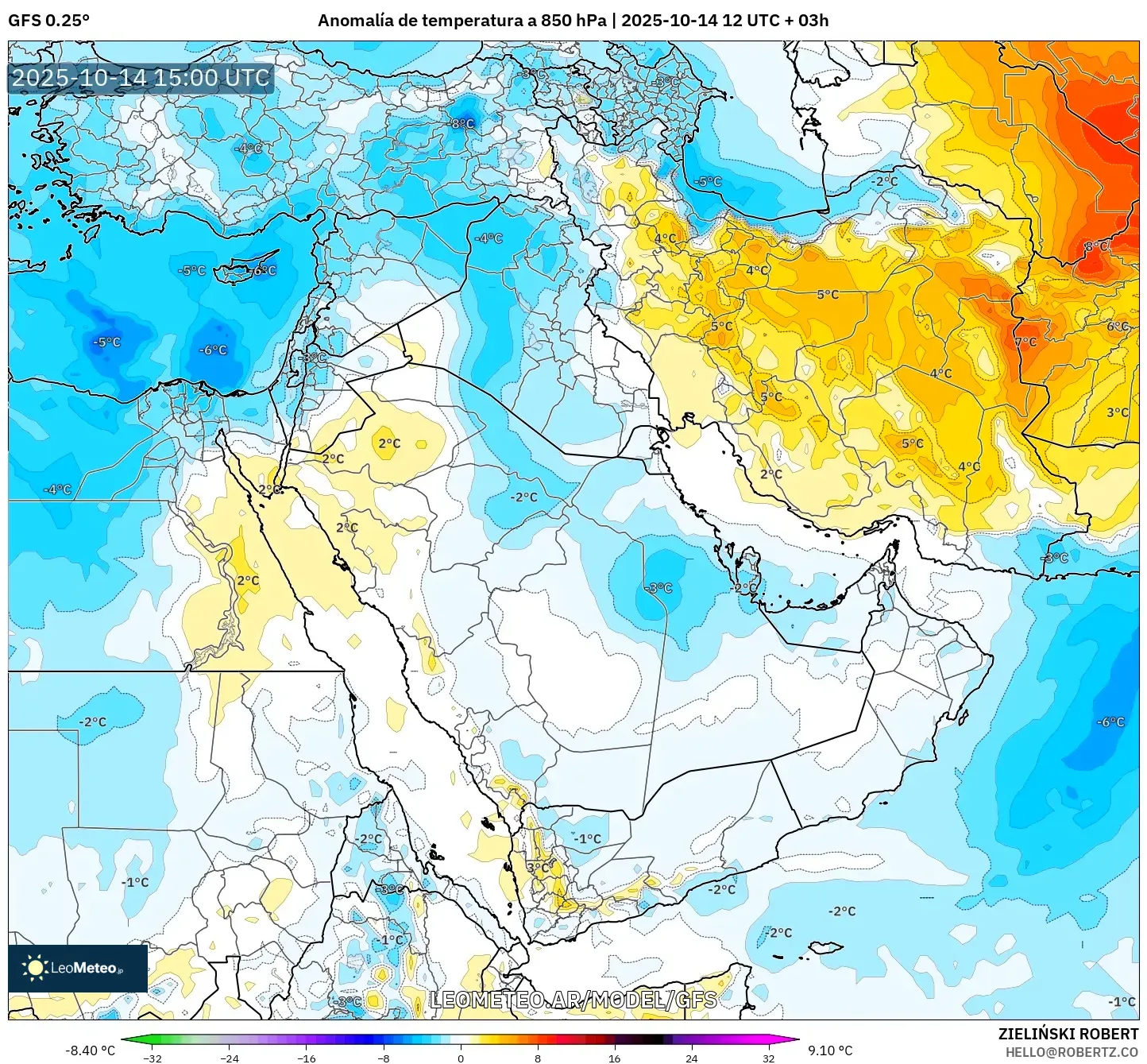 GFS model - Oriente Medio, Anomalía de temperatura a 850 hPa GFS model - Oriente Medio, Anomalía de temperatura a 850 hPa