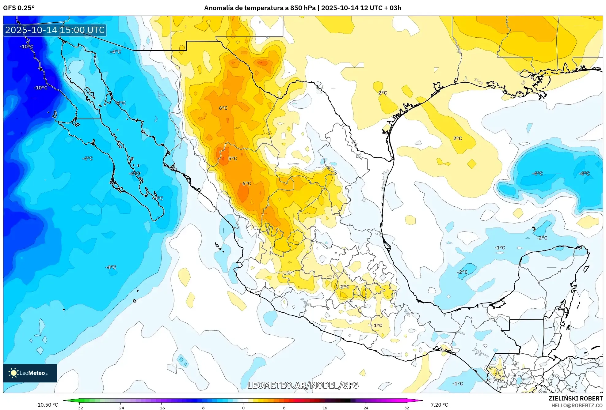 GFS model - México, Anomalía de temperatura a 850 hPa