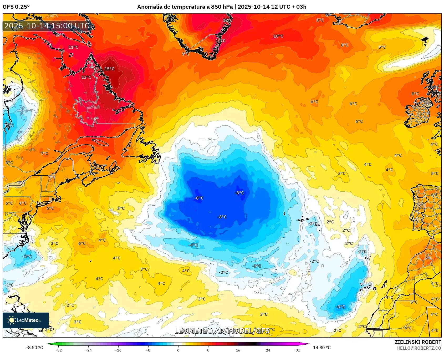 GFS model - Norte Atlántico, Anomalía de temperatura a 850 hPa GFS model - Norte Atlántico, Anomalía de temperatura a 850 hPa