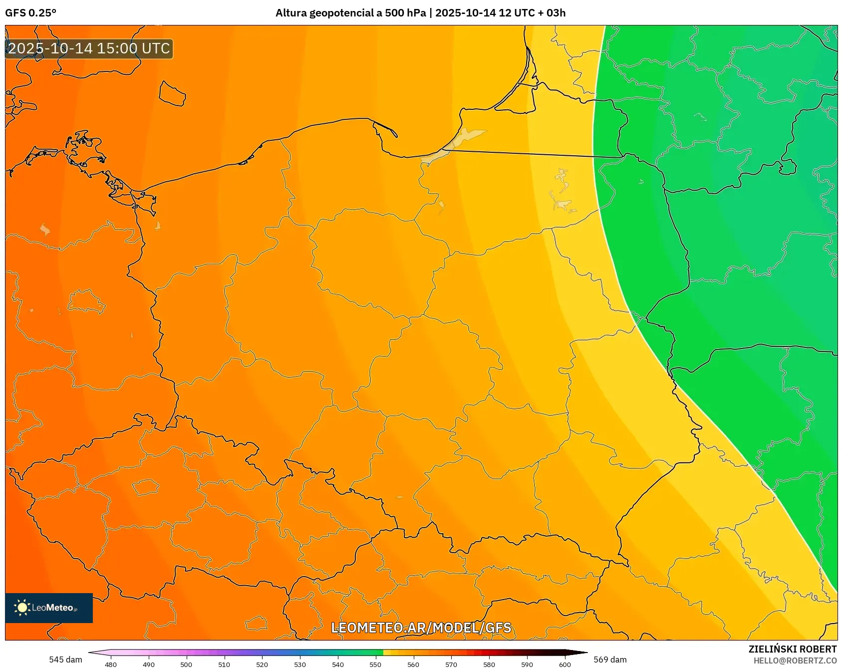 GFS model - Polonia, Altura geopotencial a 500 hPa