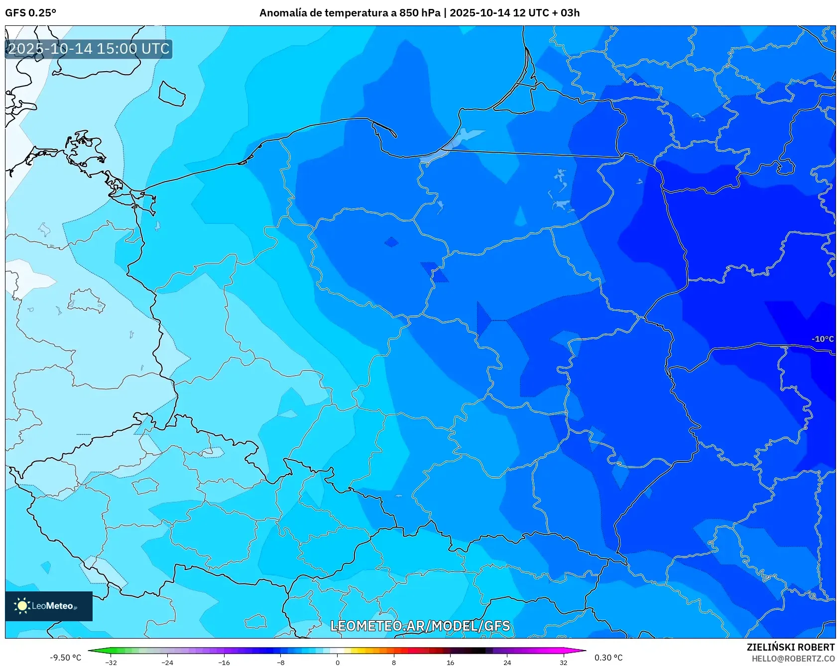 GFS model - Polonia, Anomalía de temperatura a 850 hPa GFS model - Polonia, Anomalía de temperatura a 850 hPa