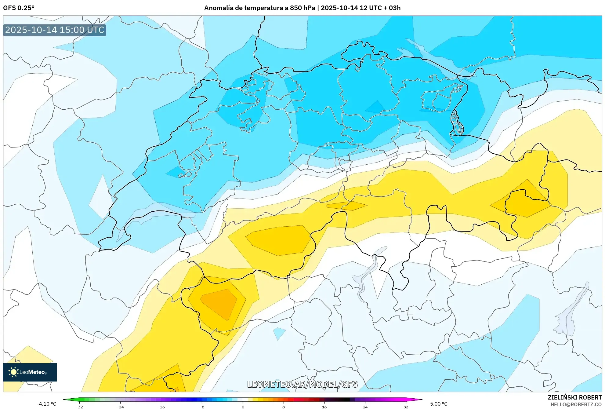 GFS model - Suiza, Anomalía de temperatura a 850 hPa GFS model - Suiza, Anomalía de temperatura a 850 hPa