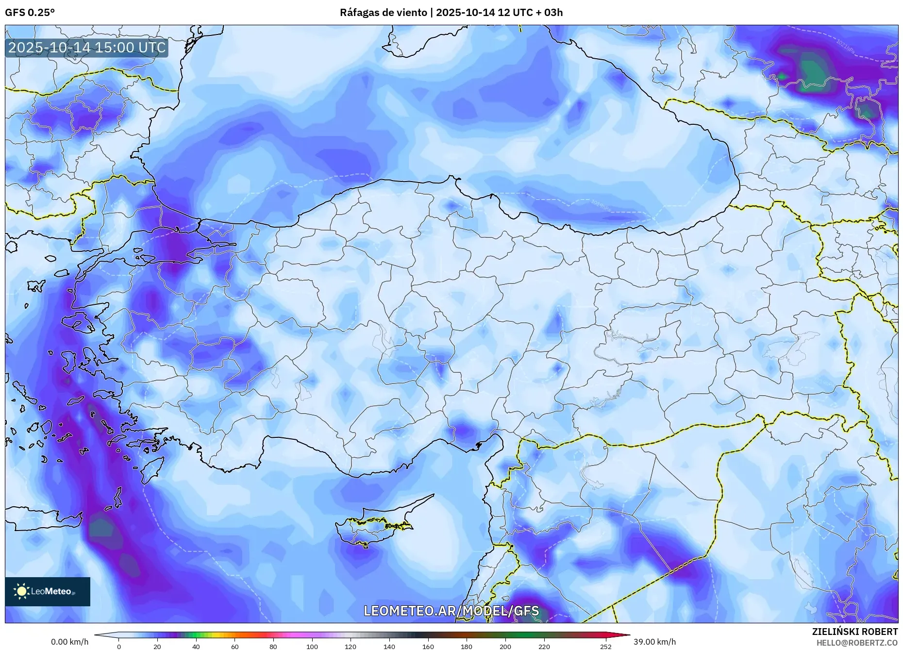 GFS model - Turquía, Ráfagas de viento GFS model - Turquía, Ráfagas de viento