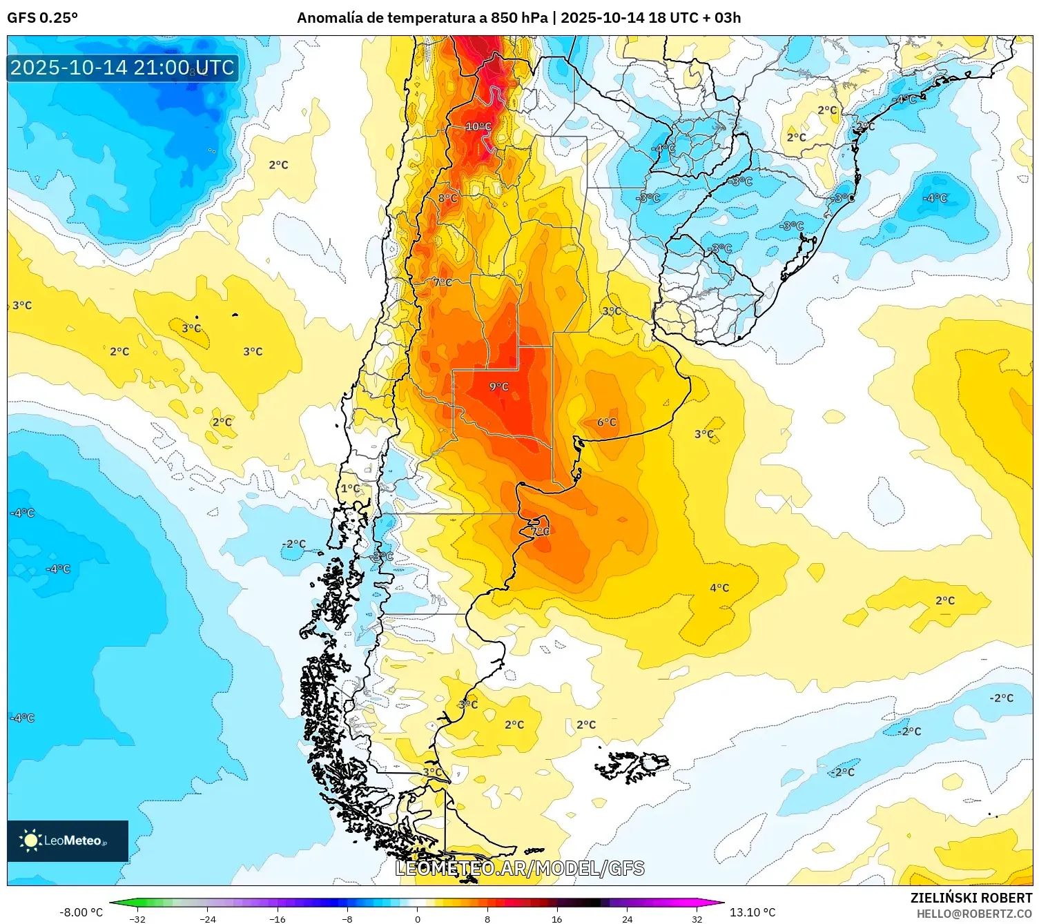 GFS model - Argentina, Anomalía de temperatura a 850 hPa GFS model - Argentina, Anomalía de temperatura a 850 hPa