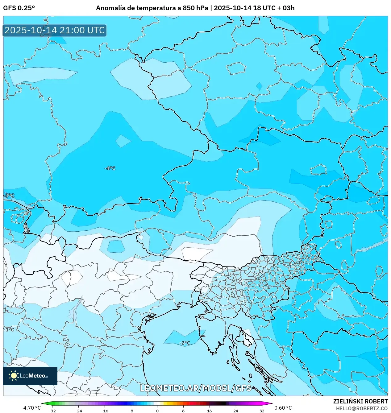 GFS model - Austria, Anomalía de temperatura a 850 hPa GFS model - Austria, Anomalía de temperatura a 850 hPa