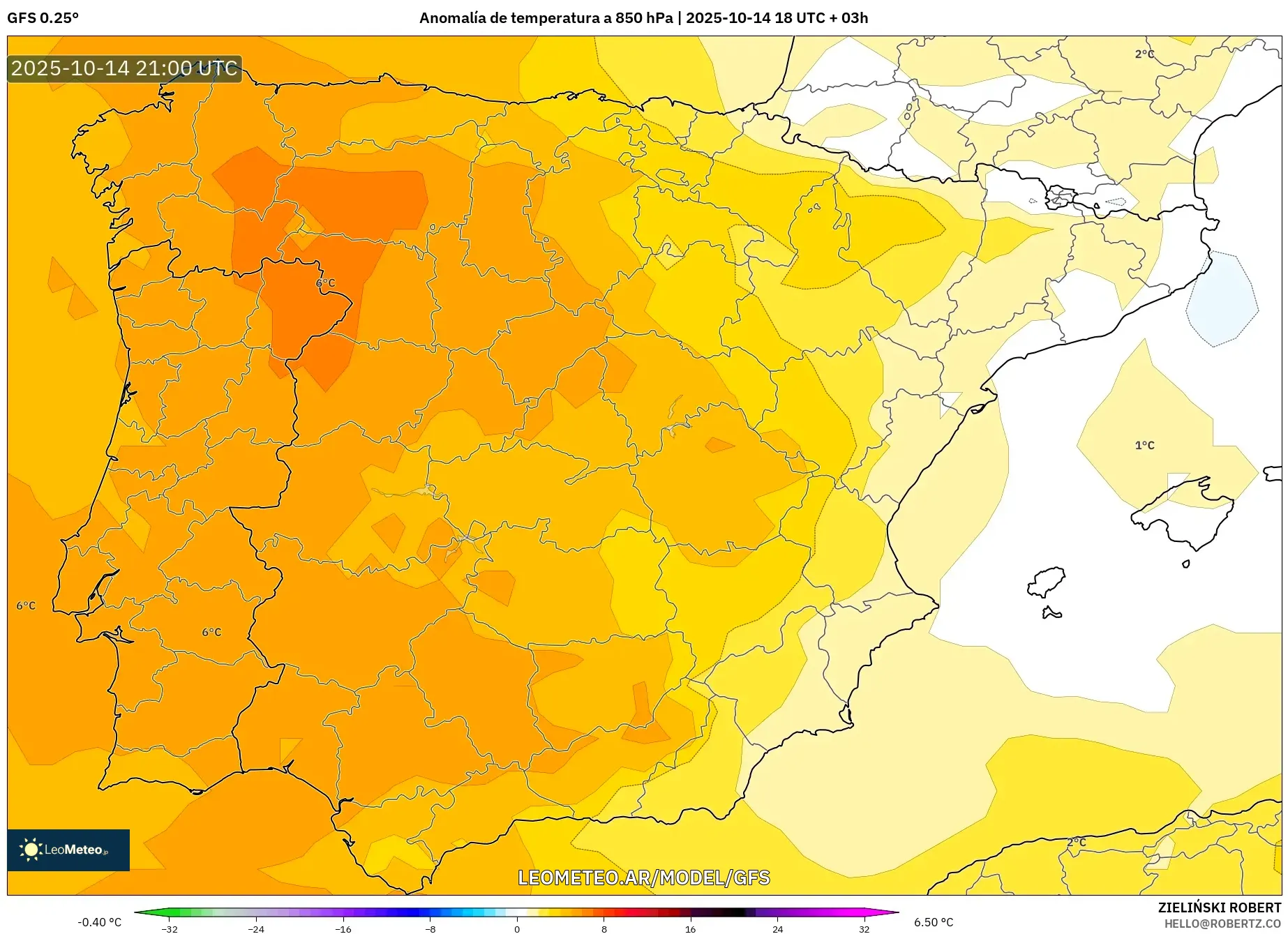 GFS model - España, Anomalía de temperatura a 850 hPa GFS model - España, Anomalía de temperatura a 850 hPa