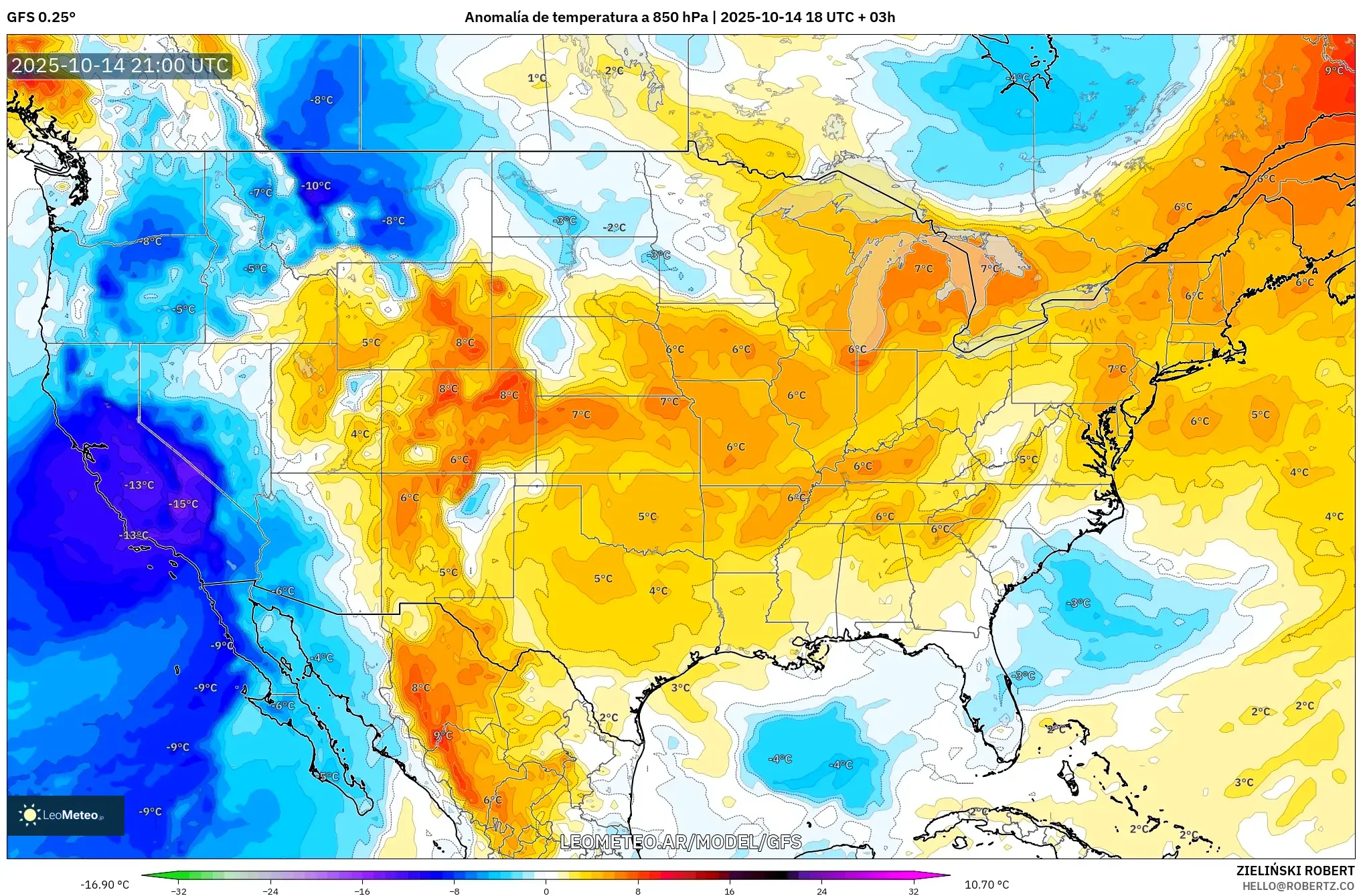 GFS model - Estados Unidos, Anomalía de temperatura a 850 hPa GFS model - Estados Unidos, Anomalía de temperatura a 850 hPa