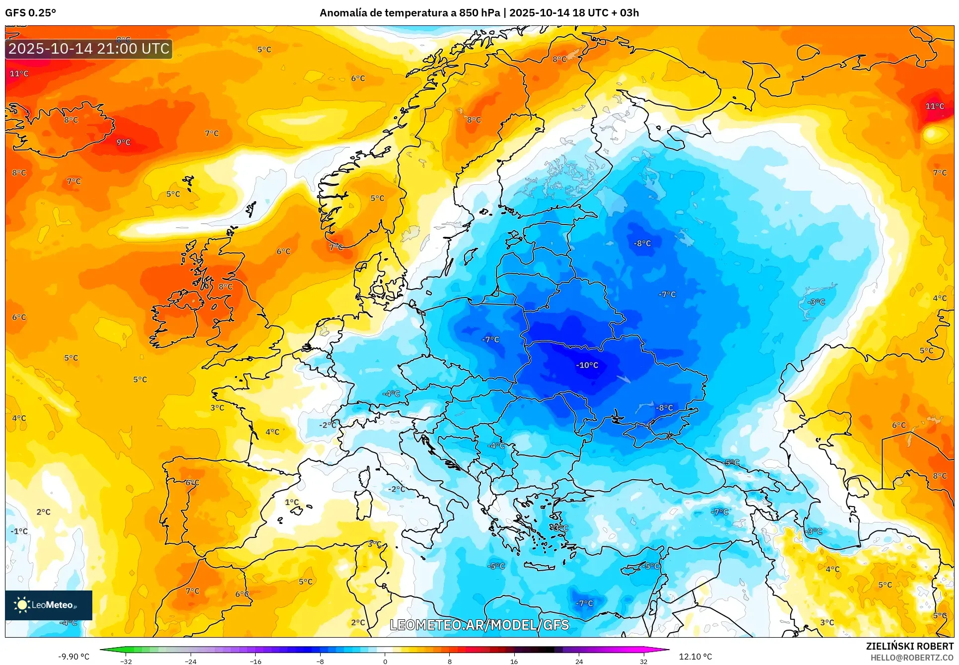 GFS model - Europa, Anomalía de temperatura a 850 hPa GFS model - Europa, Anomalía de temperatura a 850 hPa