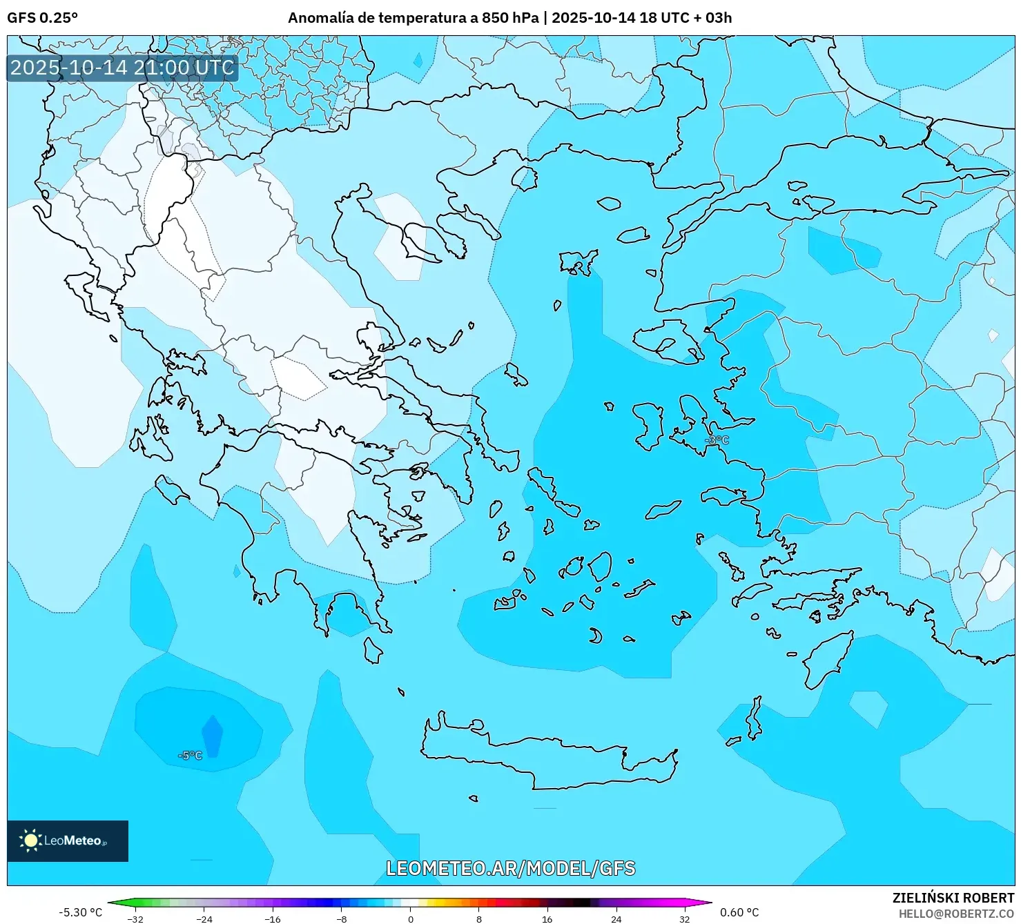 GFS model - Grecia, Anomalía de temperatura a 850 hPa GFS model - Grecia, Anomalía de temperatura a 850 hPa