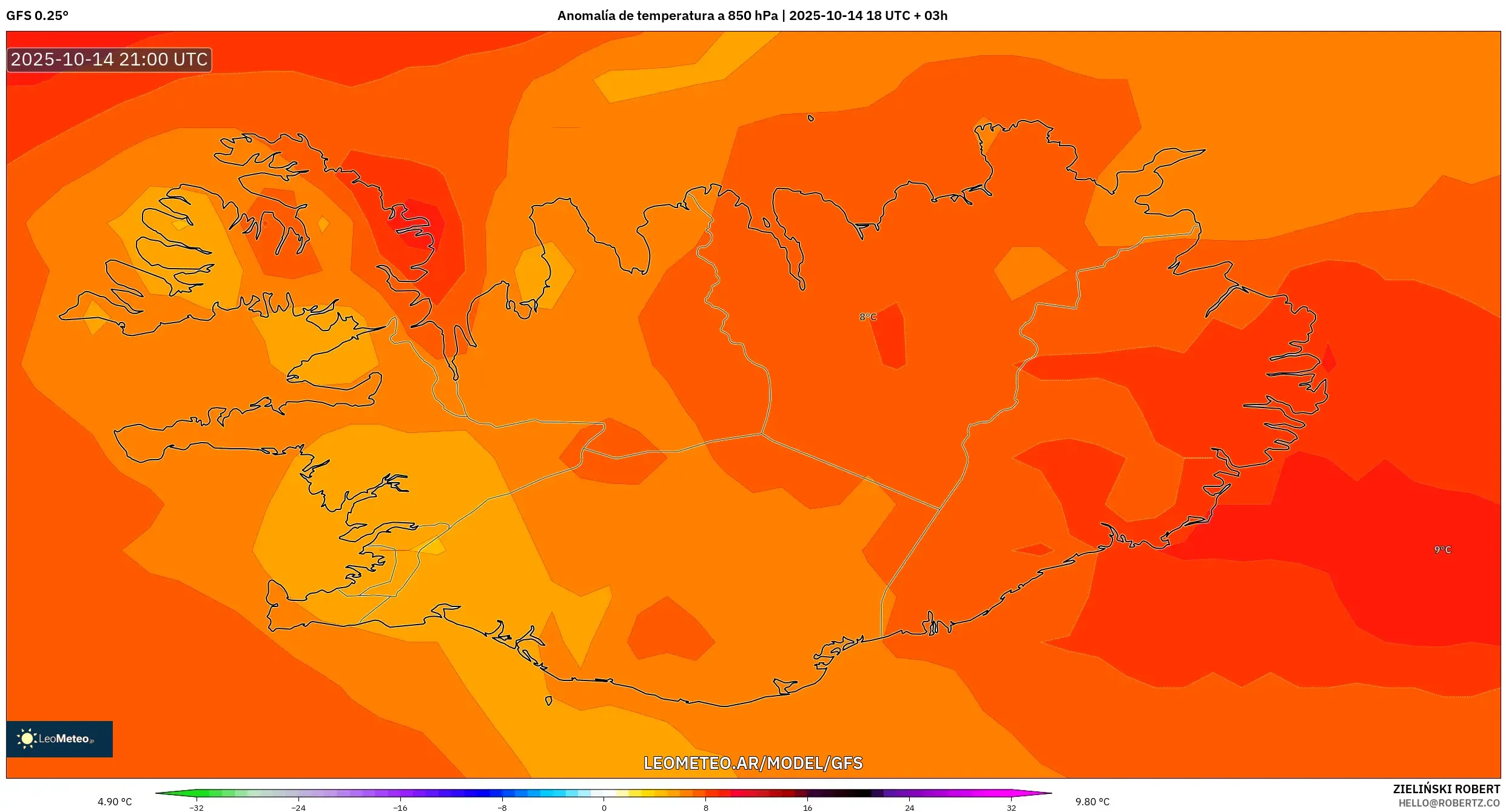 GFS model - Islandia, Anomalía de temperatura a 850 hPa GFS model - Islandia, Anomalía de temperatura a 850 hPa
