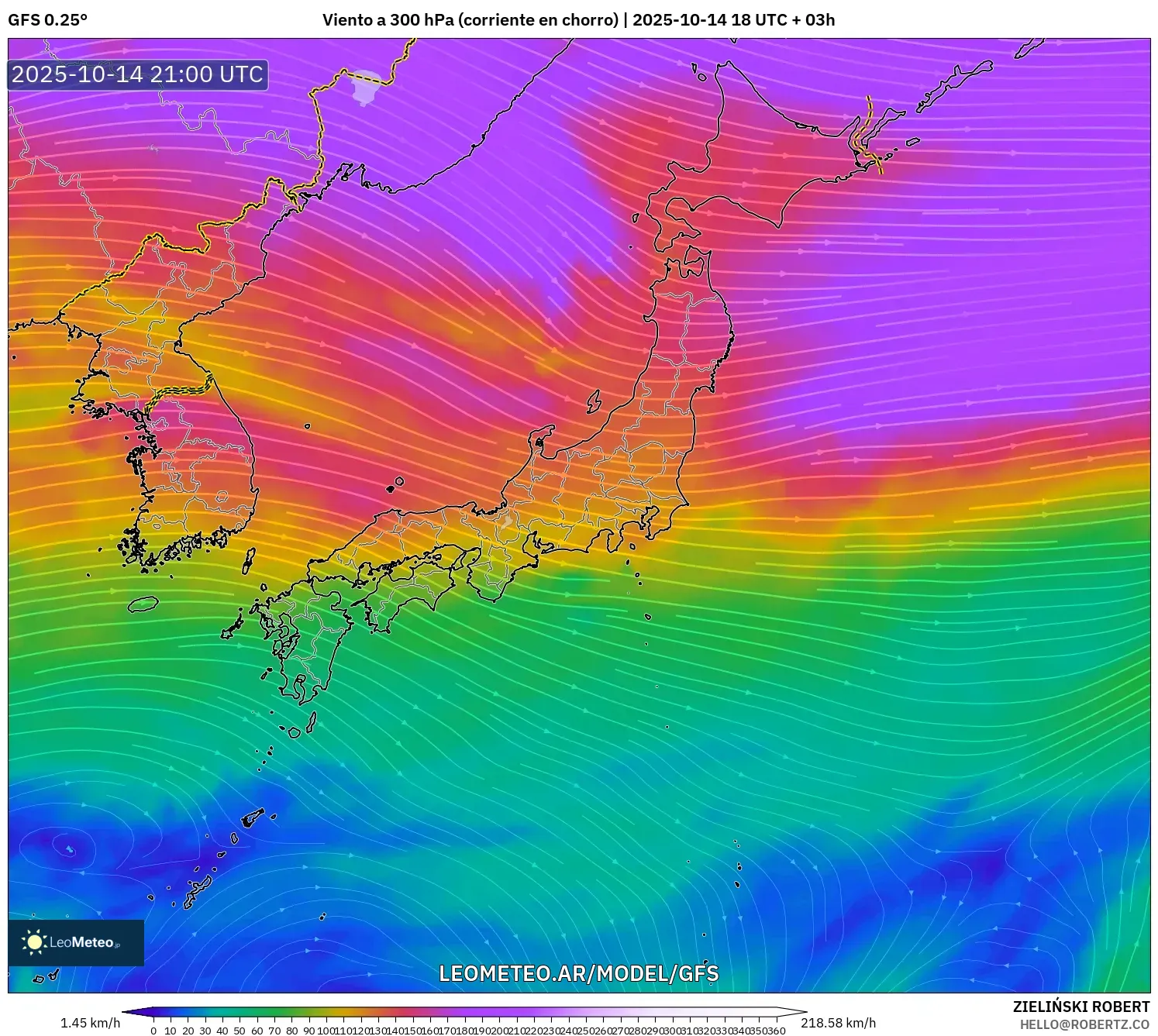GFS model - Japón, Viento a 300 hPa (corriente en chorro) GFS model - Japón, Viento a 300 hPa (corriente en chorro)