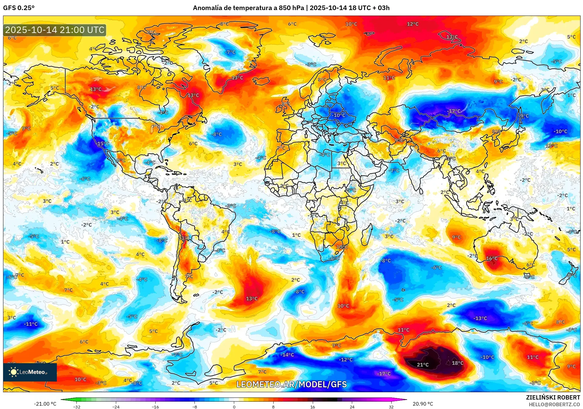 GFS model - Mundo, Anomalía de temperatura a 850 hPa GFS model - Mundo, Anomalía de temperatura a 850 hPa