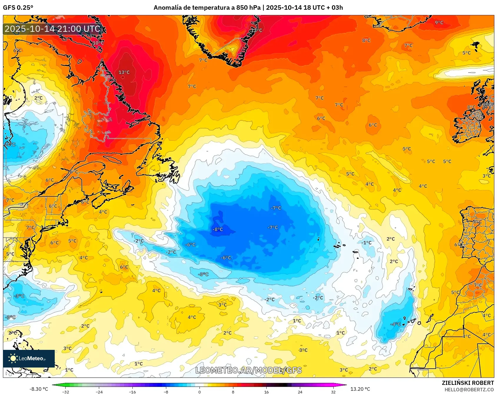 GFS model - Norte Atlántico, Anomalía de temperatura a 850 hPa GFS model - Norte Atlántico, Anomalía de temperatura a 850 hPa