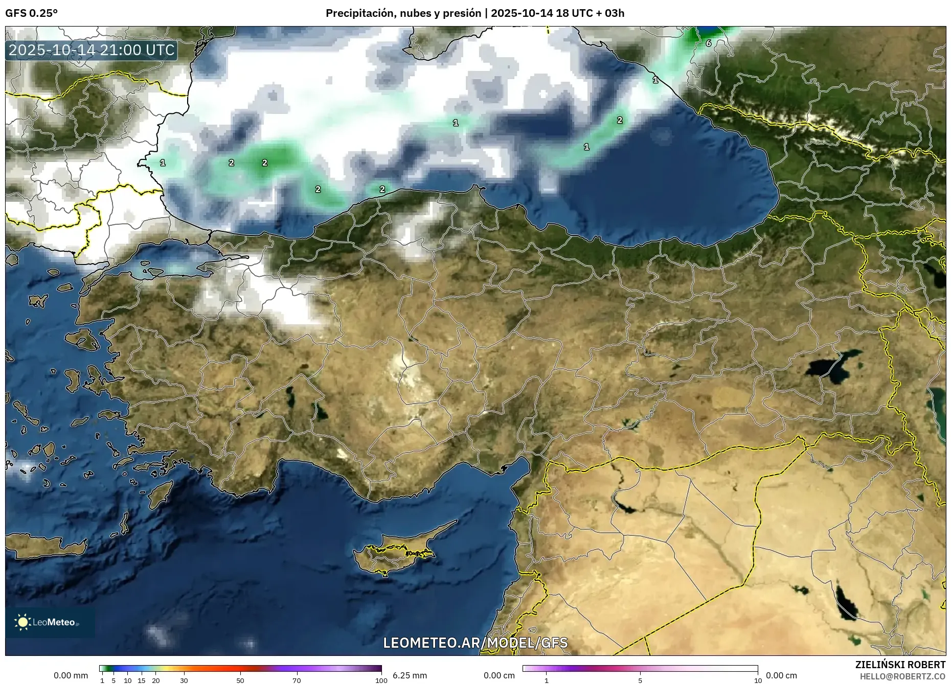 GFS model - Turquía, Precipitación, nubes y presión GFS model - Turquía, Precipitación, nubes y presión