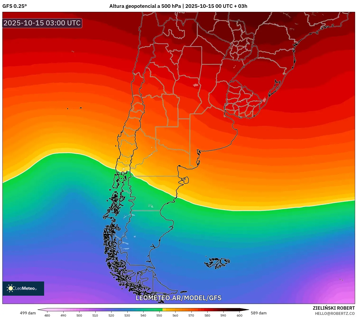 GFS model - Argentina, Altura geopotencial a 500 hPa GFS model - Argentina, Altura geopotencial a 500 hPa