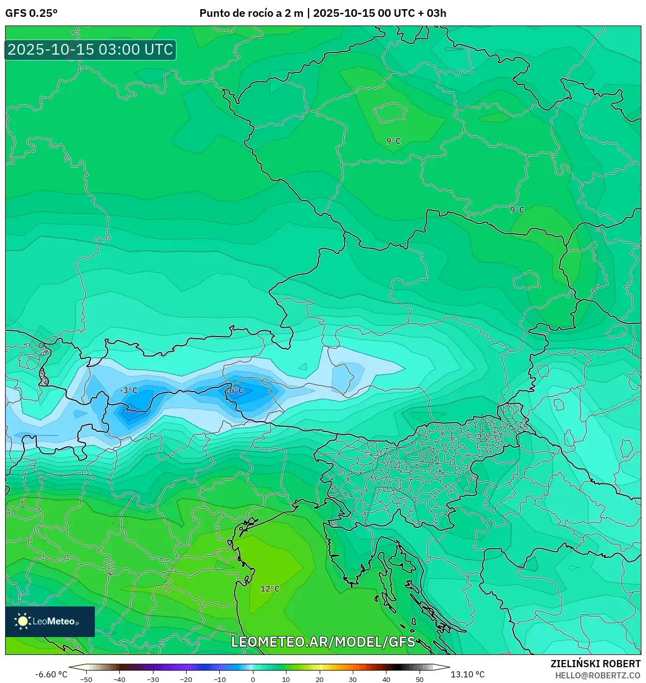 GFS model - Austria, Punto de rocío a 2 m GFS model - Austria, Punto de rocío a 2 m