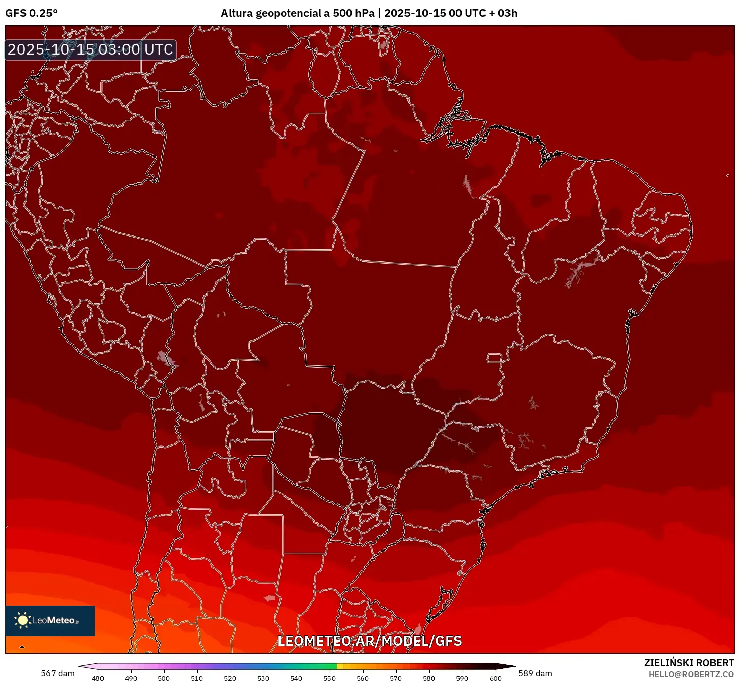 GFS model - Brasil, Altura geopotencial a 500 hPa GFS model - Brasil, Altura geopotencial a 500 hPa