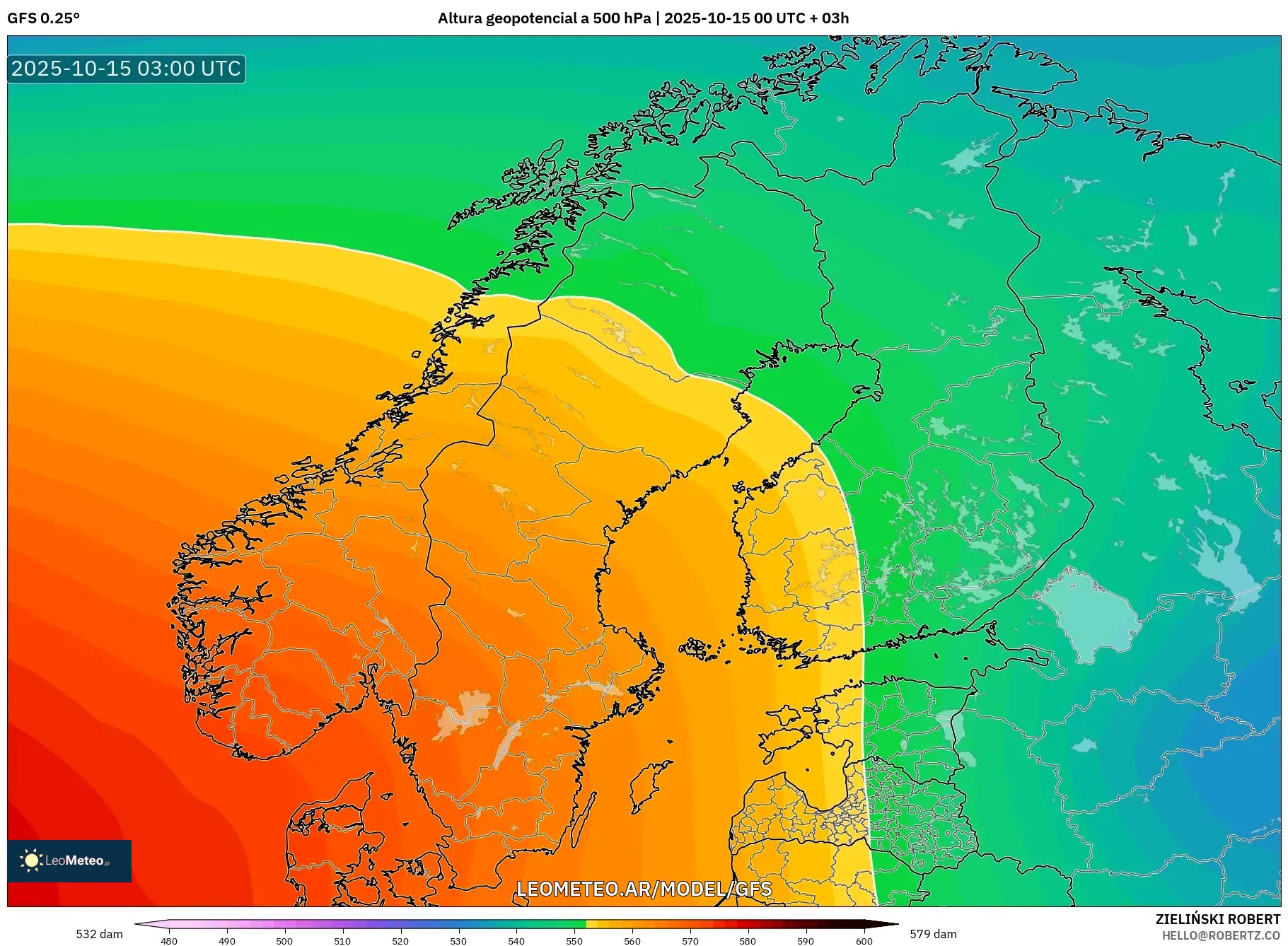 GFS model - Escandinavia, Altura geopotencial a 500 hPa GFS model - Escandinavia, Altura geopotencial a 500 hPa