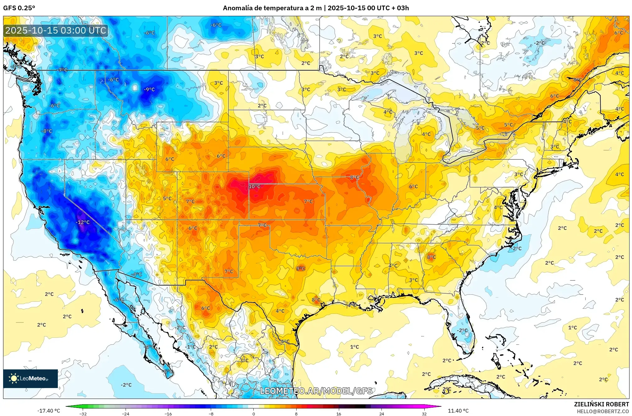 GFS model - Estados Unidos, Anomalía de temperatura a 2 m GFS model - Estados Unidos, Anomalía de temperatura a 2 m