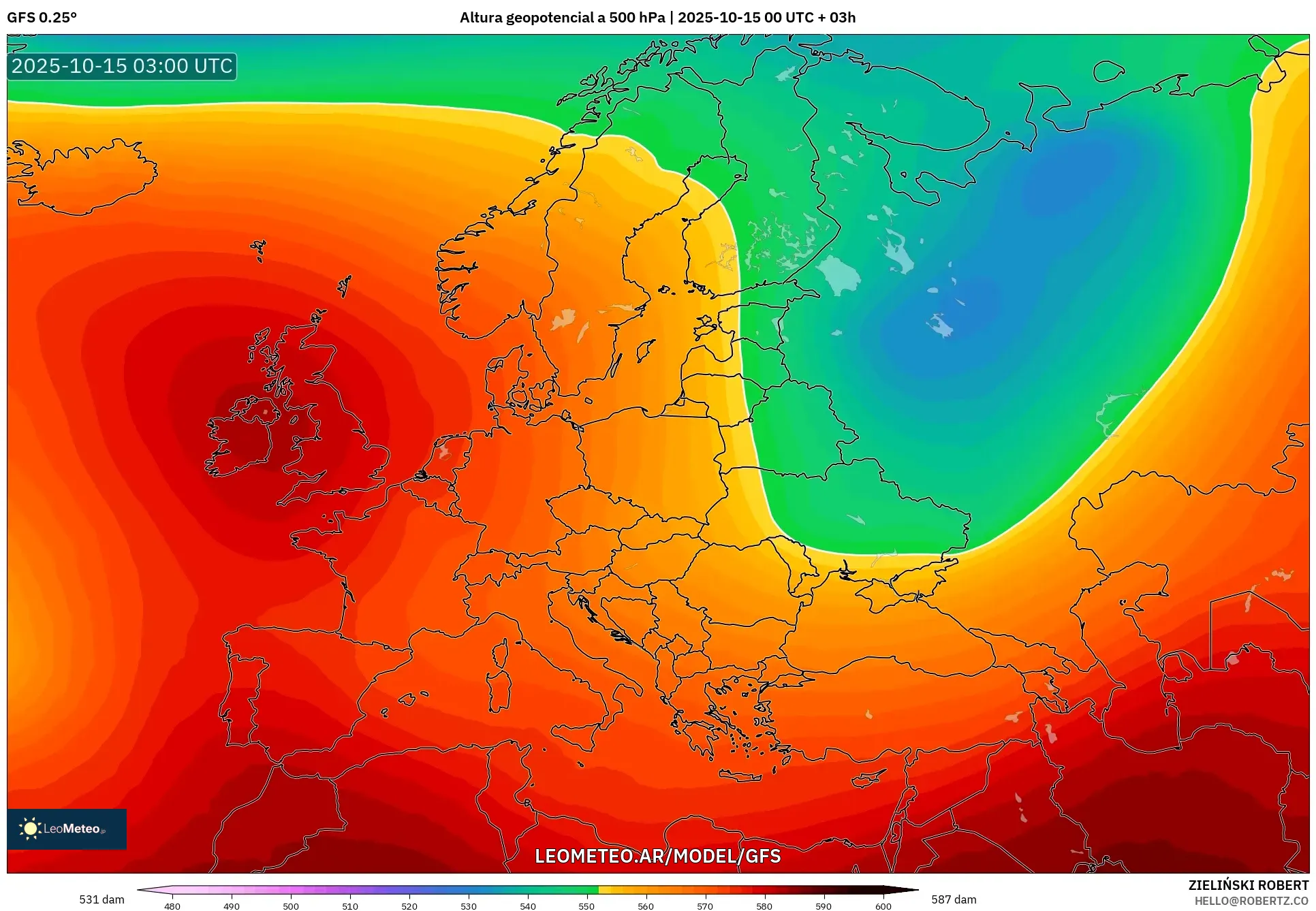 GFS model - Europa, Altura geopotencial a 500 hPa GFS model - Europa, Altura geopotencial a 500 hPa