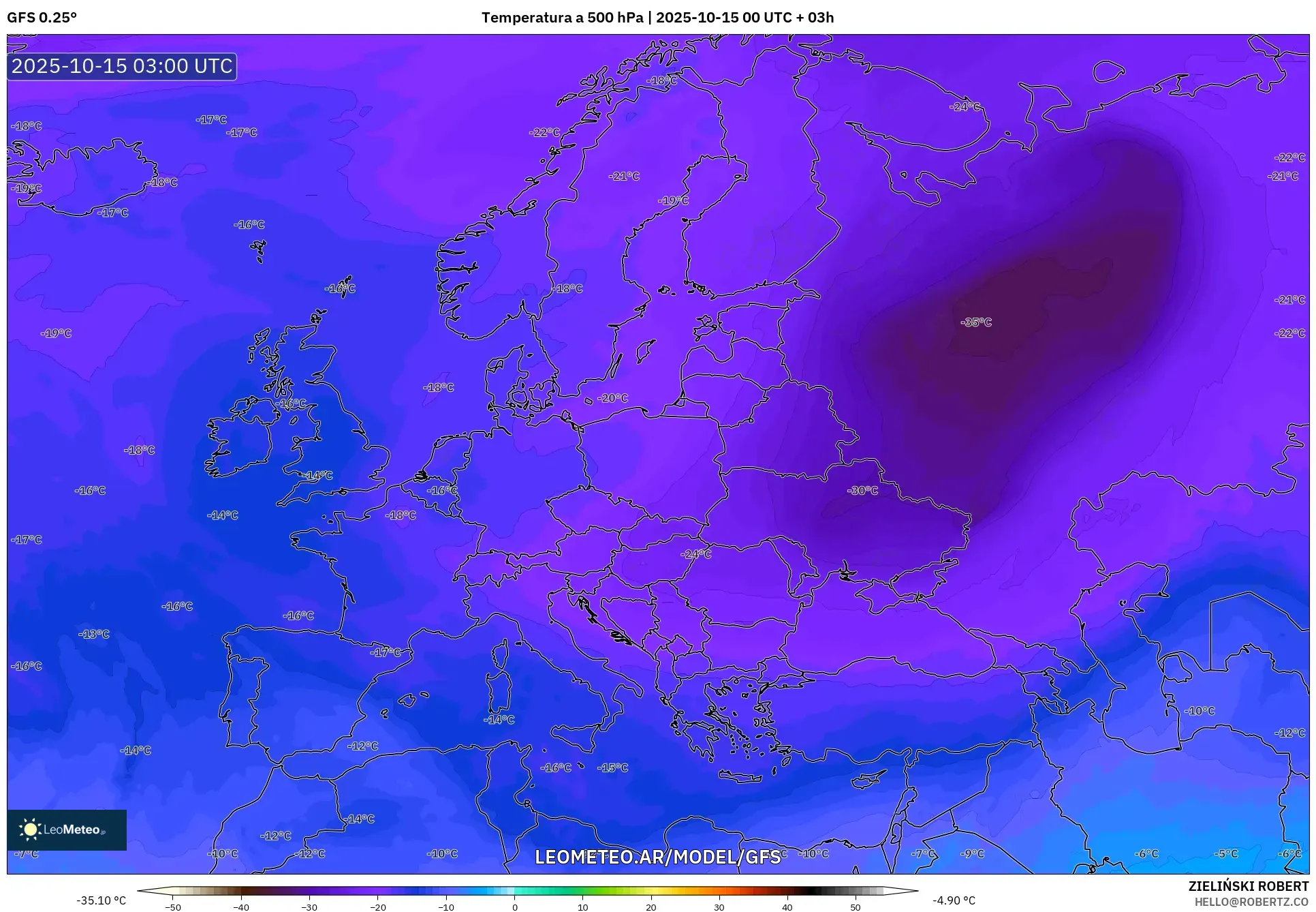 GFS model - Europa, Temperatura a 500 hPa GFS model - Europa, Temperatura a 500 hPa